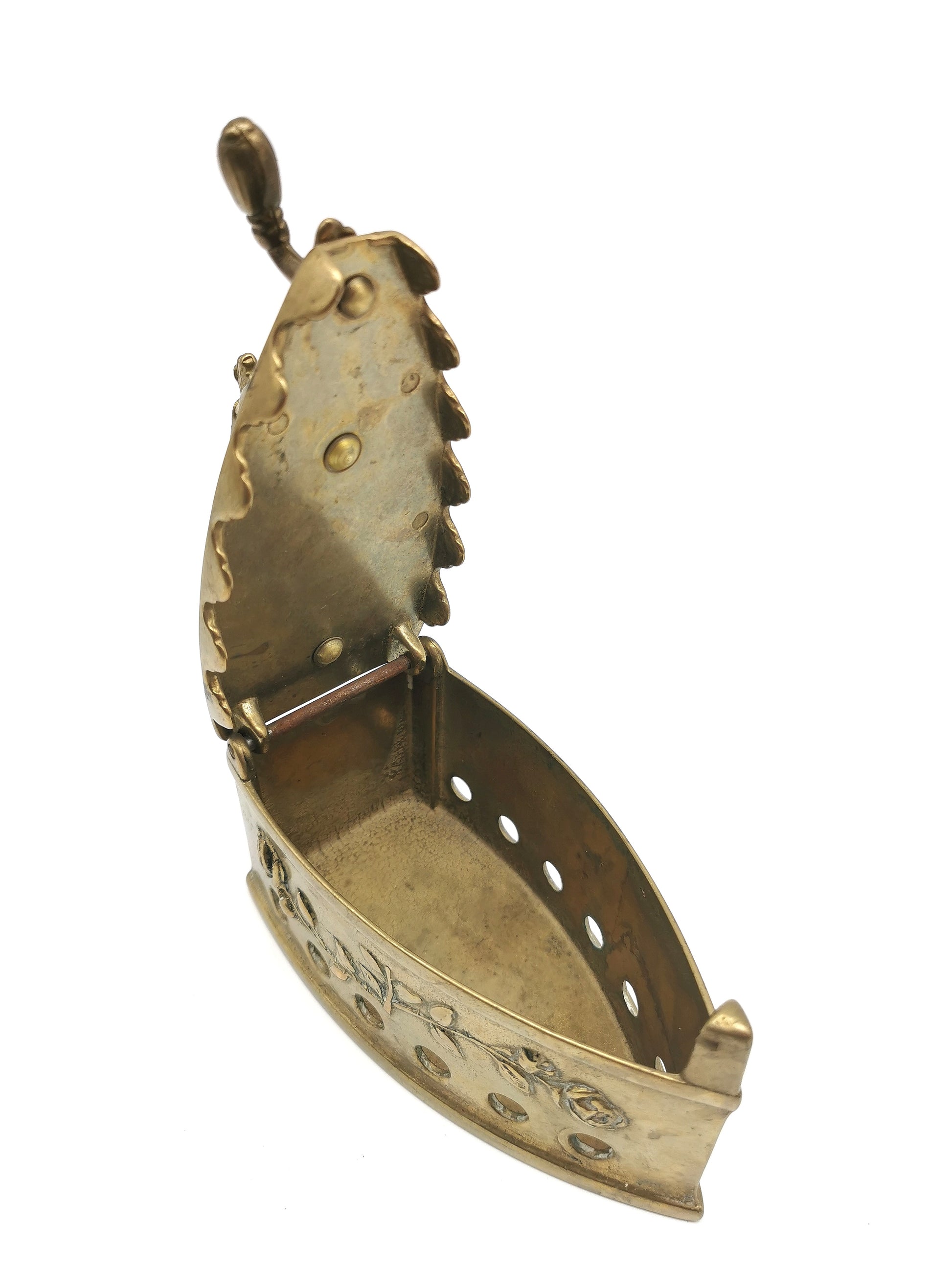 Vintage Ornate Brass Charcoal Iron - Rose & Star Relief