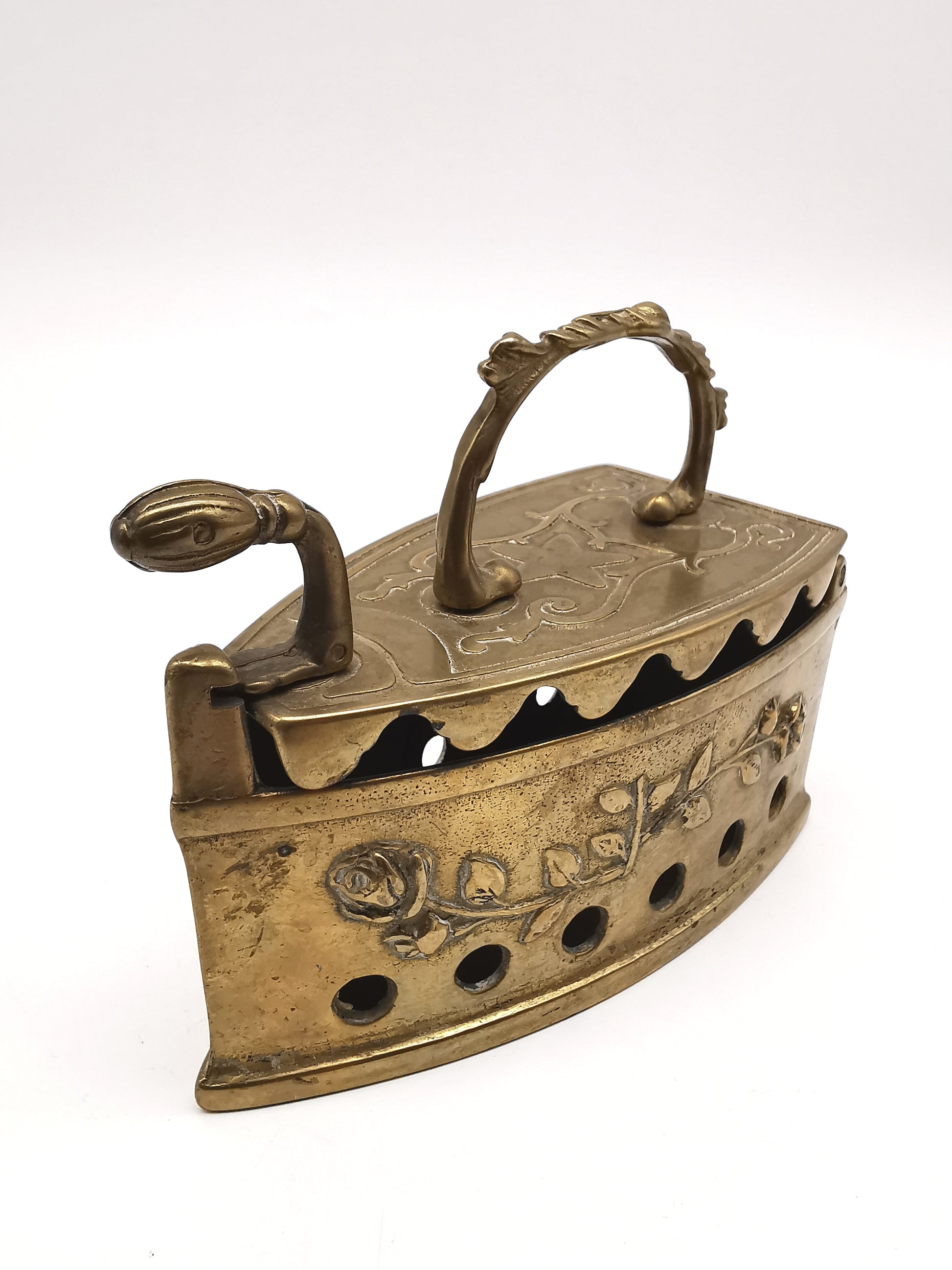 Vintage Ornate Brass Charcoal Iron - Rose & Star Relief