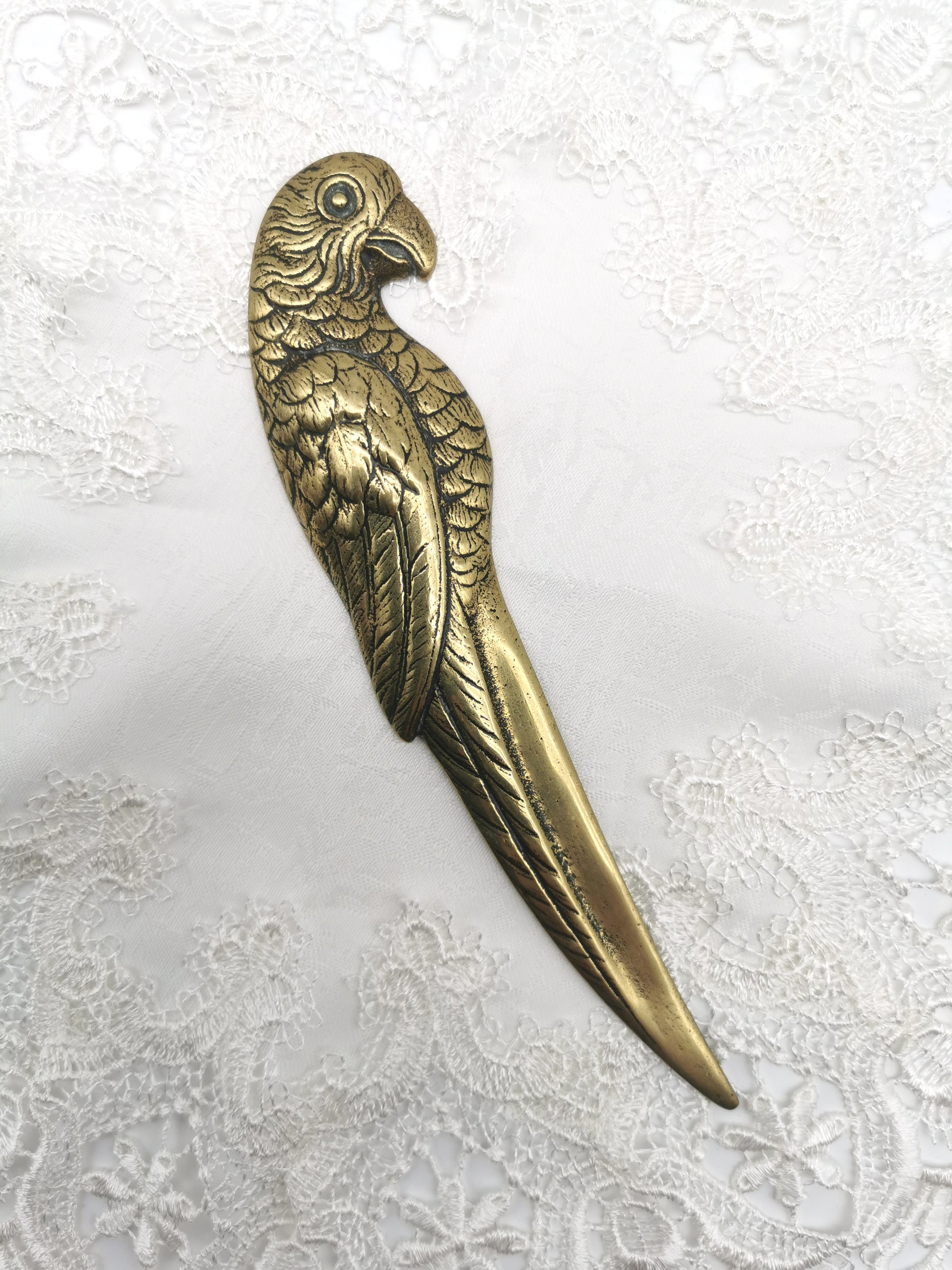 Vintage Solid Brass Parrot Letter Opener - Tropical Bird Desk Accessory (20cm)