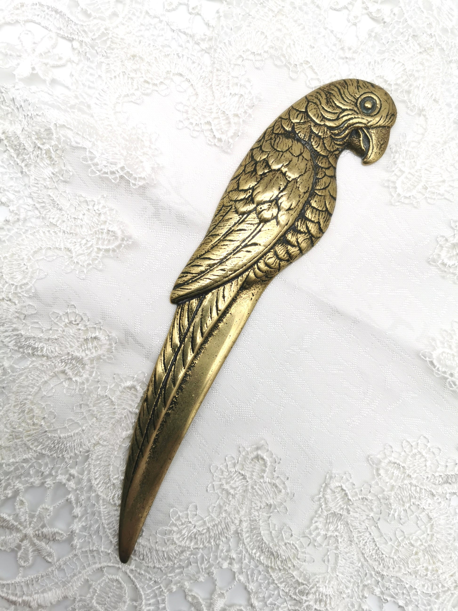 Vintage Solid Brass Parrot Letter Opener - Tropical Bird Desk Accessory (20cm)