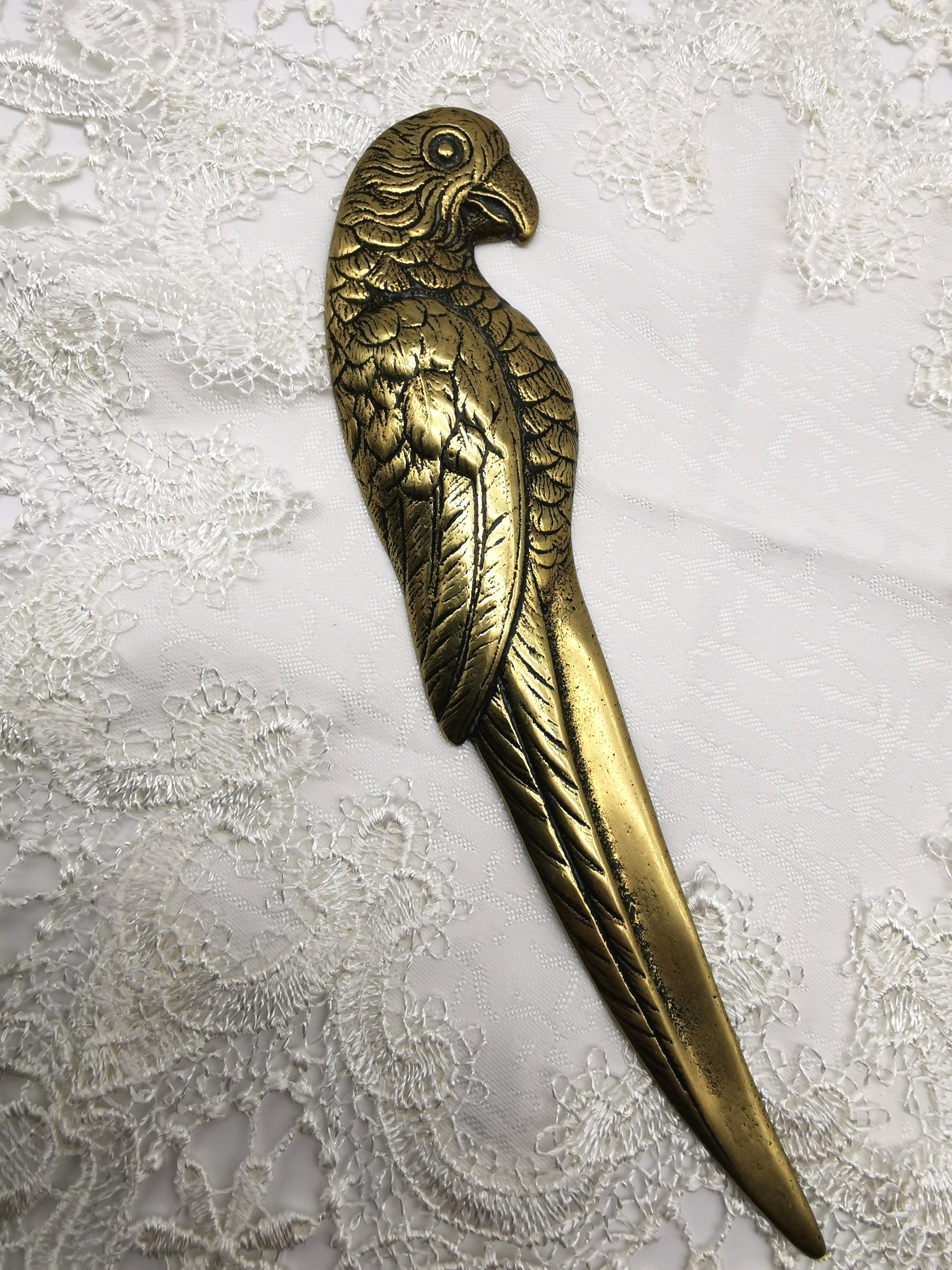 Vintage Solid Brass Parrot Letter Opener - Tropical Bird Desk Accessory (20cm)