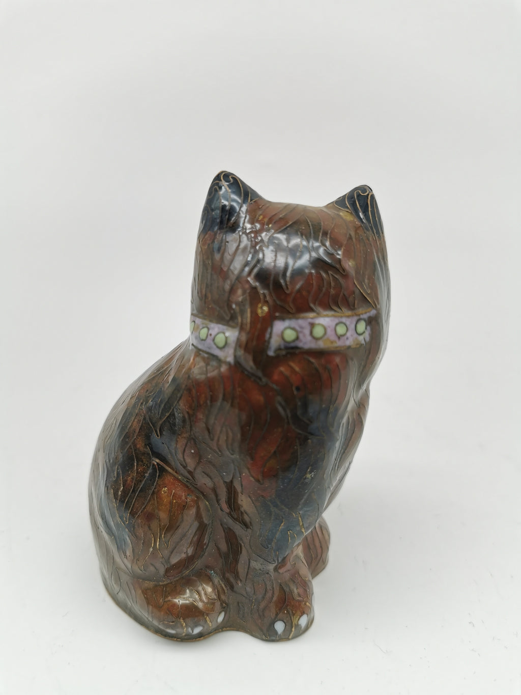 Vintage Chinese Cloisonné Cat Figurine – Handcrafted Enameled Brass Kitten, 11 cm tall