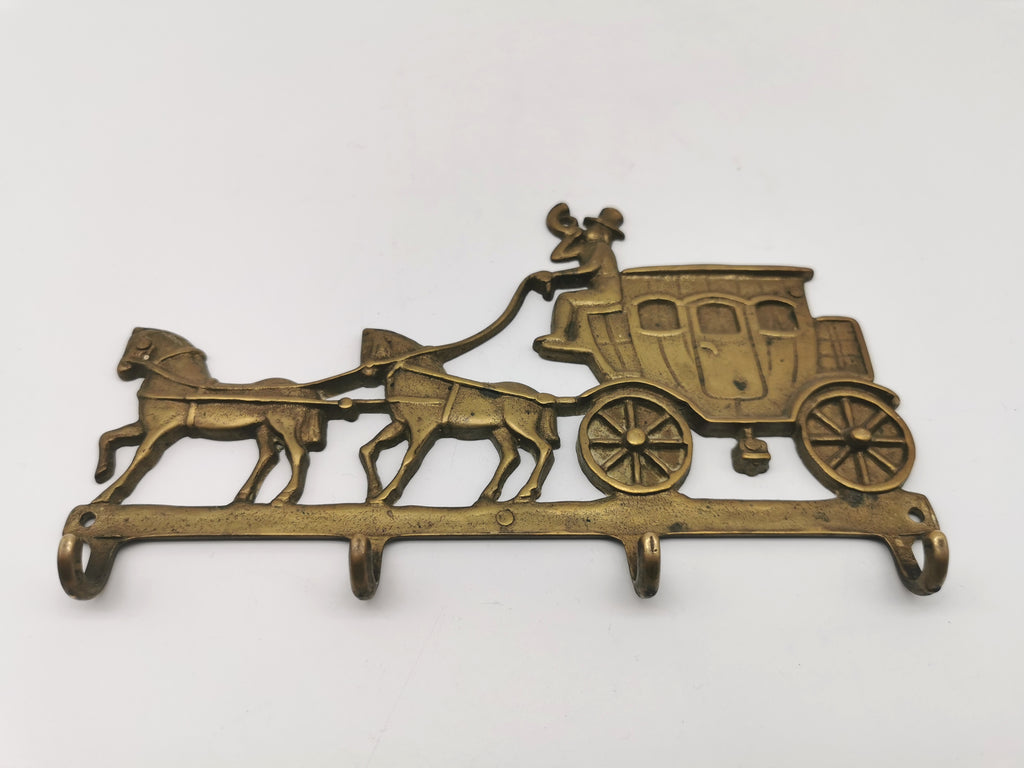 Vintage Solid Brass Horse and Carriage Wall Key Rack – 4-Hook Entryway Organizer