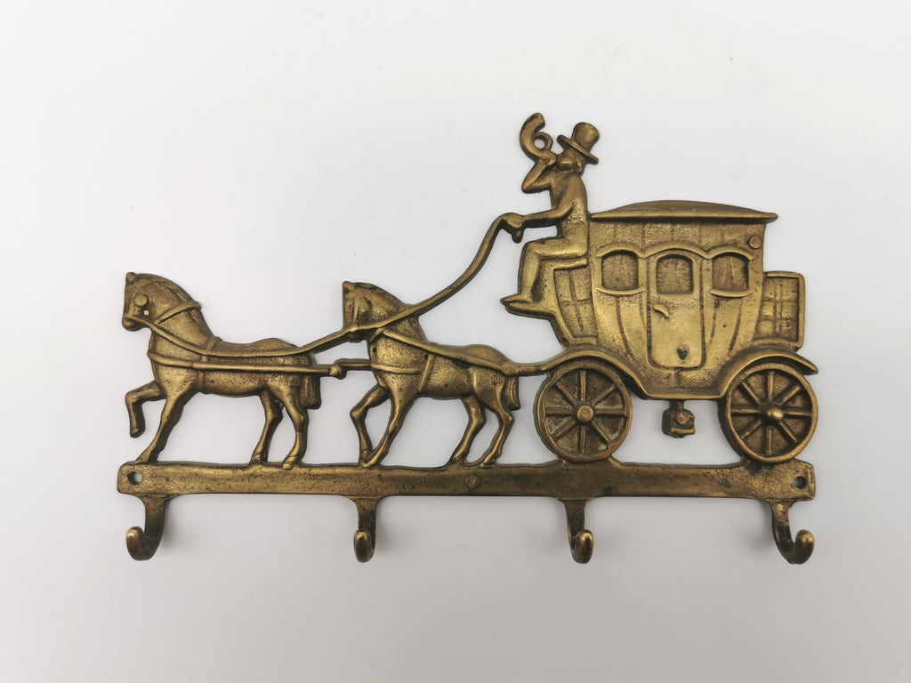 Vintage Solid Brass Horse and Carriage Wall Key Rack – 4-Hook Entryway Organizer