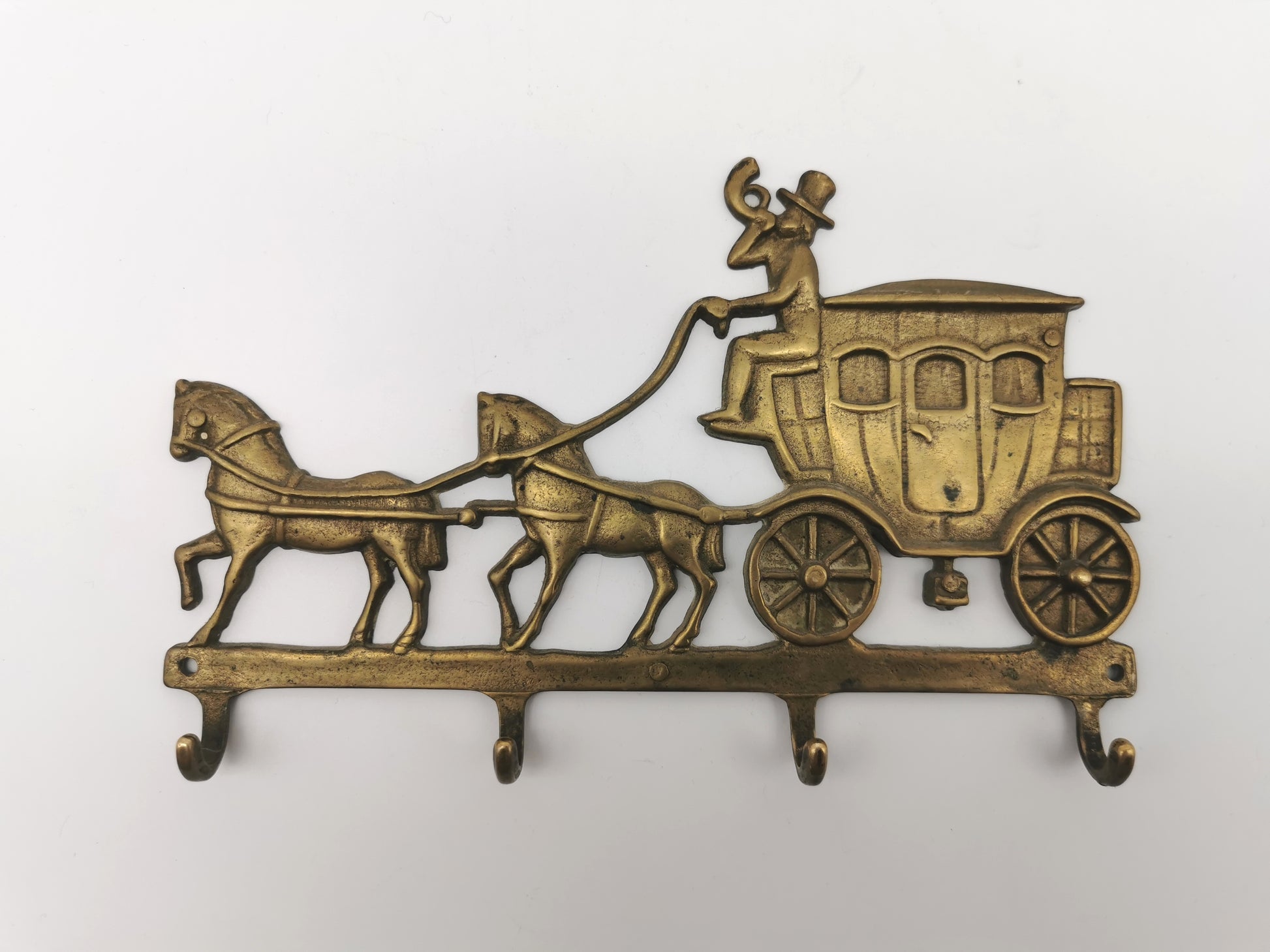 Vintage Solid Brass Horse and Carriage Wall Key Rack – 4-Hook Entryway Organizer