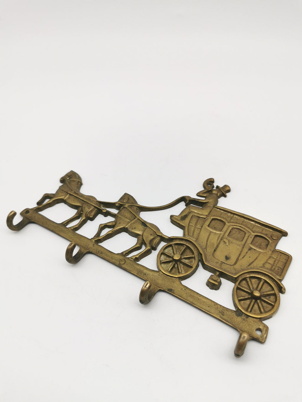 Vintage Solid Brass Horse and Carriage Wall Key Rack – 4-Hook Entryway Organizer