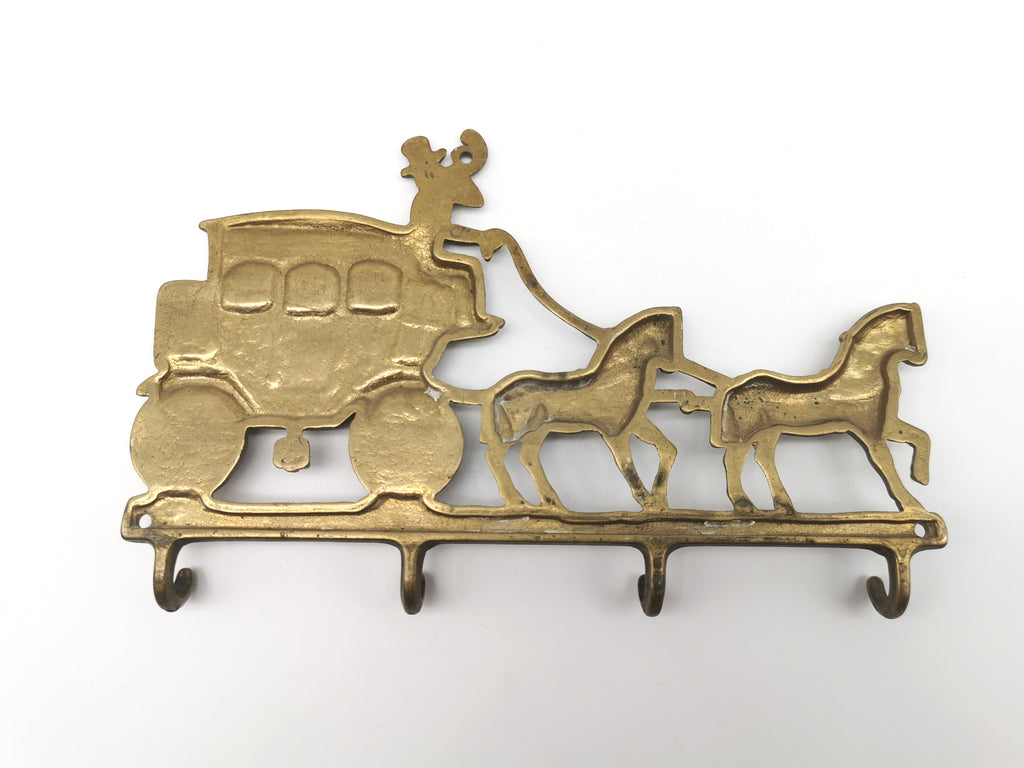 Vintage Solid Brass Horse and Carriage Wall Key Rack – 4-Hook Entryway Organizer