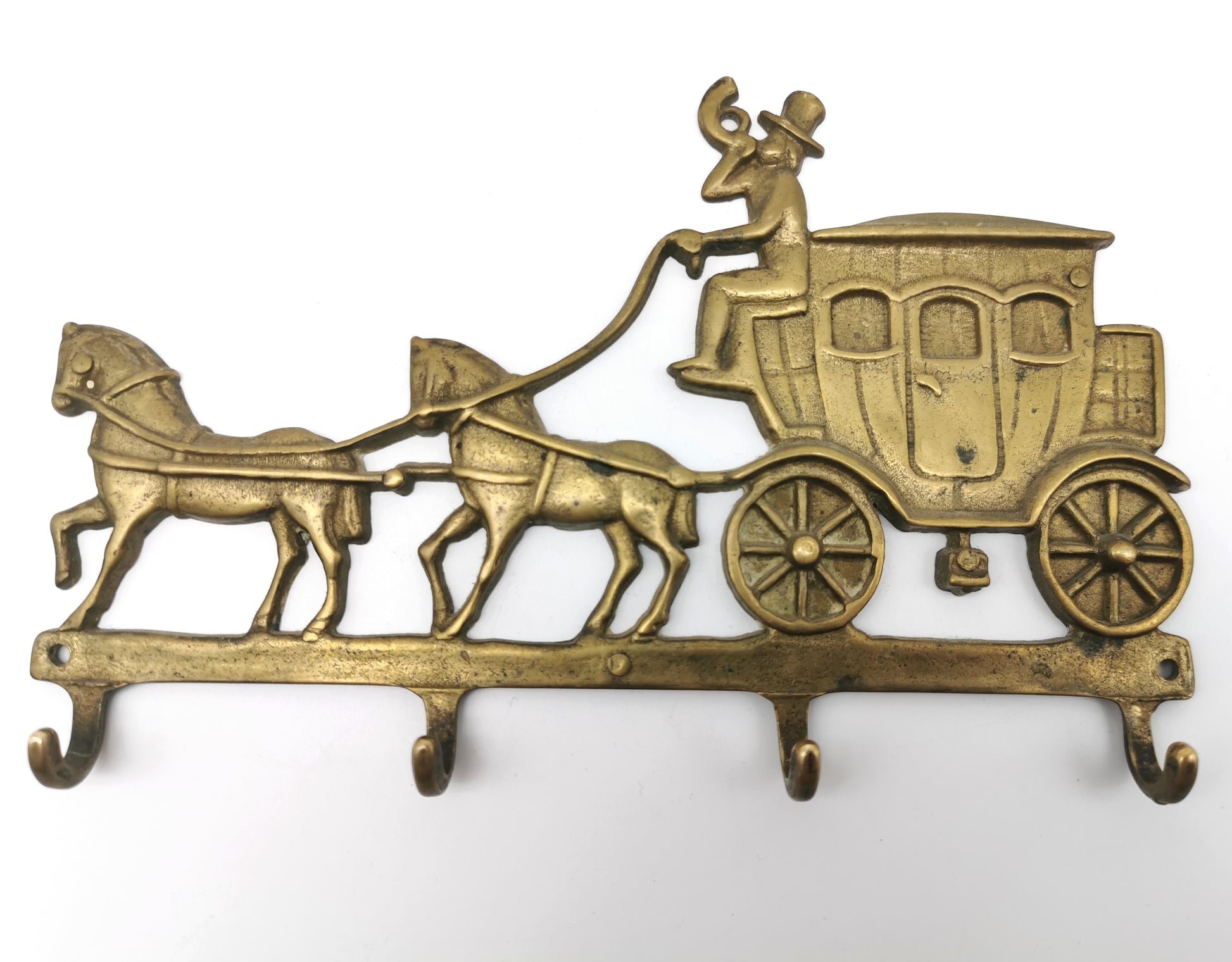 Vintage Solid Brass Horse and Carriage Wall Key Rack – 4-Hook Entryway Organizer