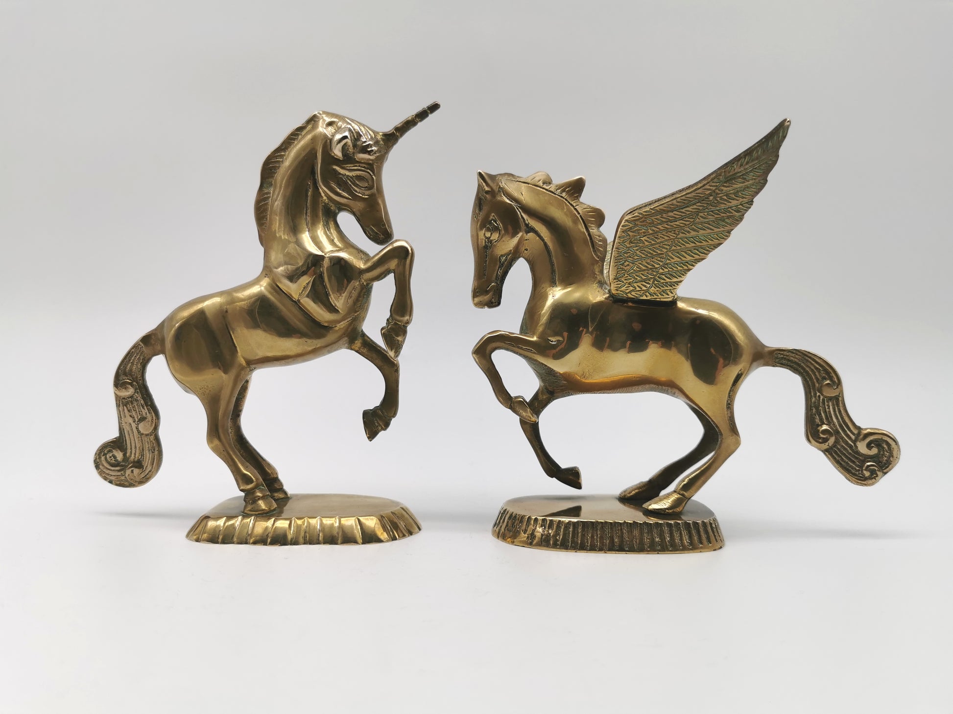 Vintage Brass Unicorn and Flying Pegasus Figurines, Mythical Creatures Set