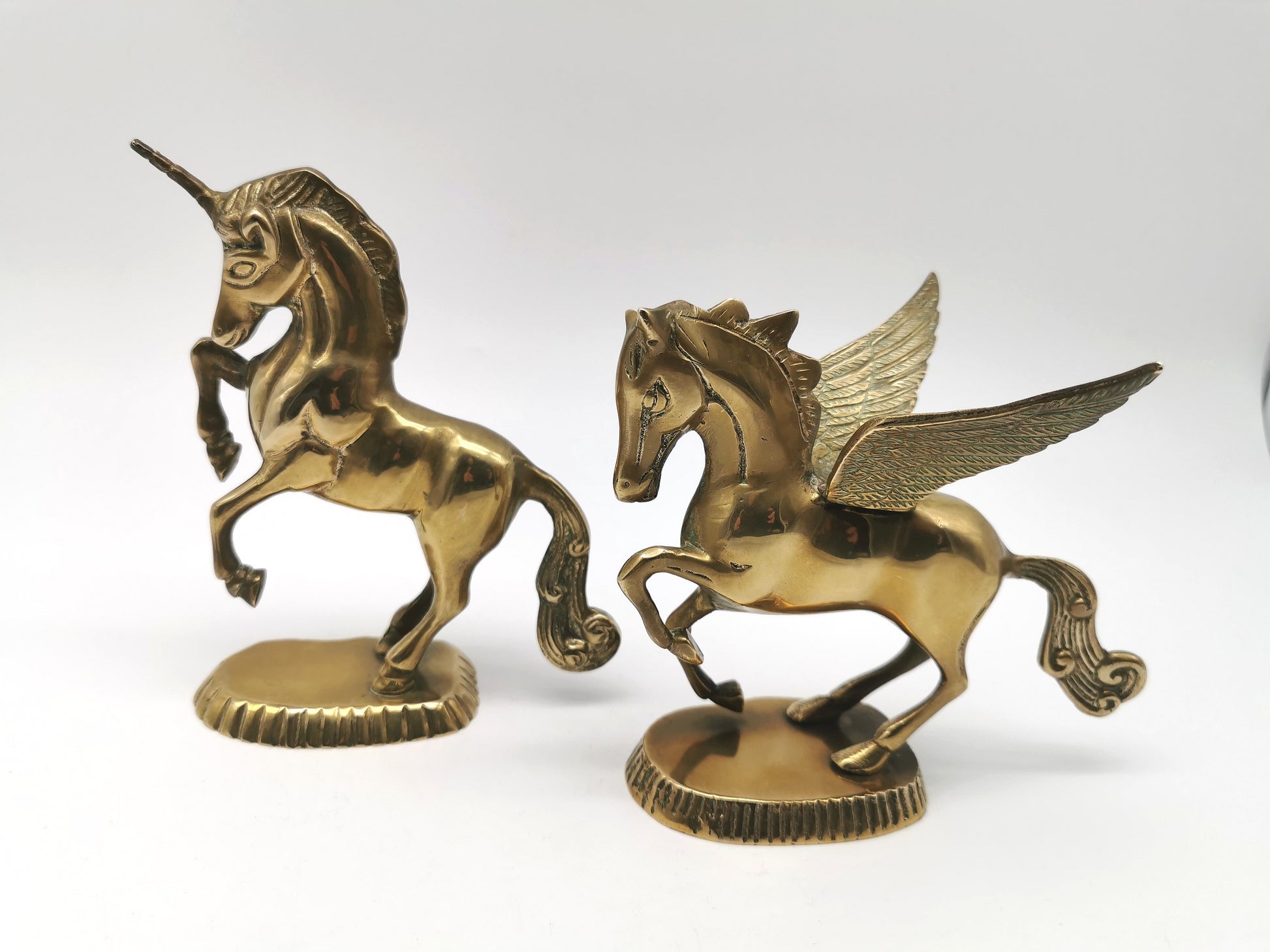 Vintage Brass Unicorn and Flying Pegasus Figurines, Mythical Creatures Set