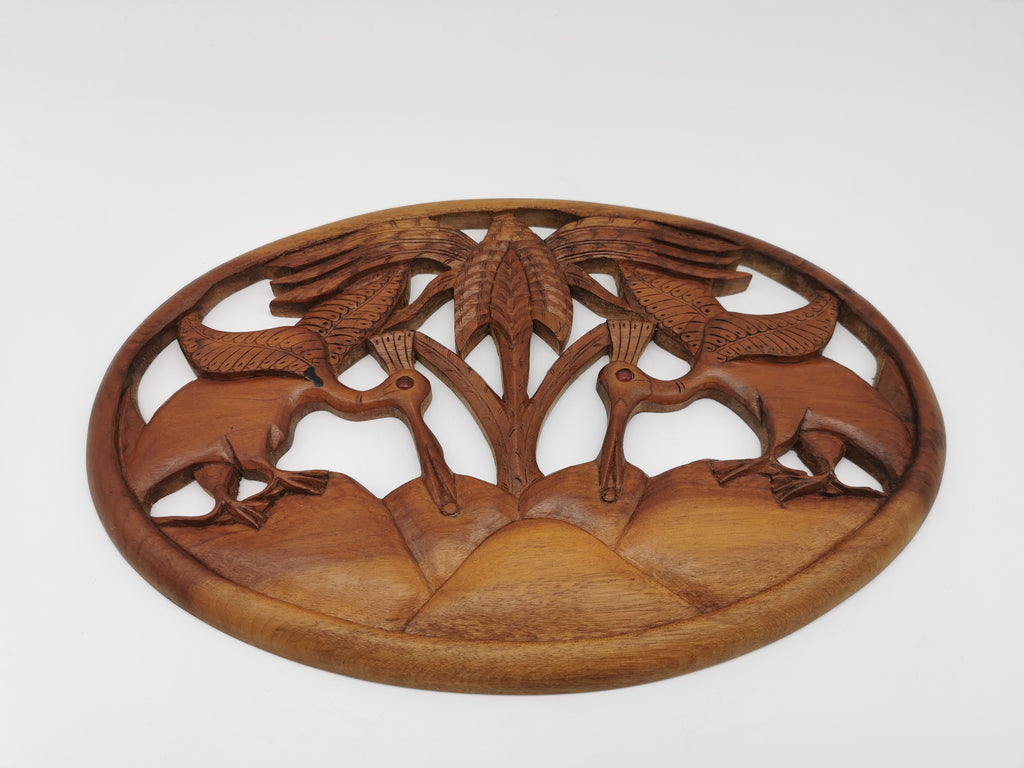 Vintage Balinese Hand-Carved Hardwood Bird Plaque - Openwork Tropical Palm Scene with Glass Eyes