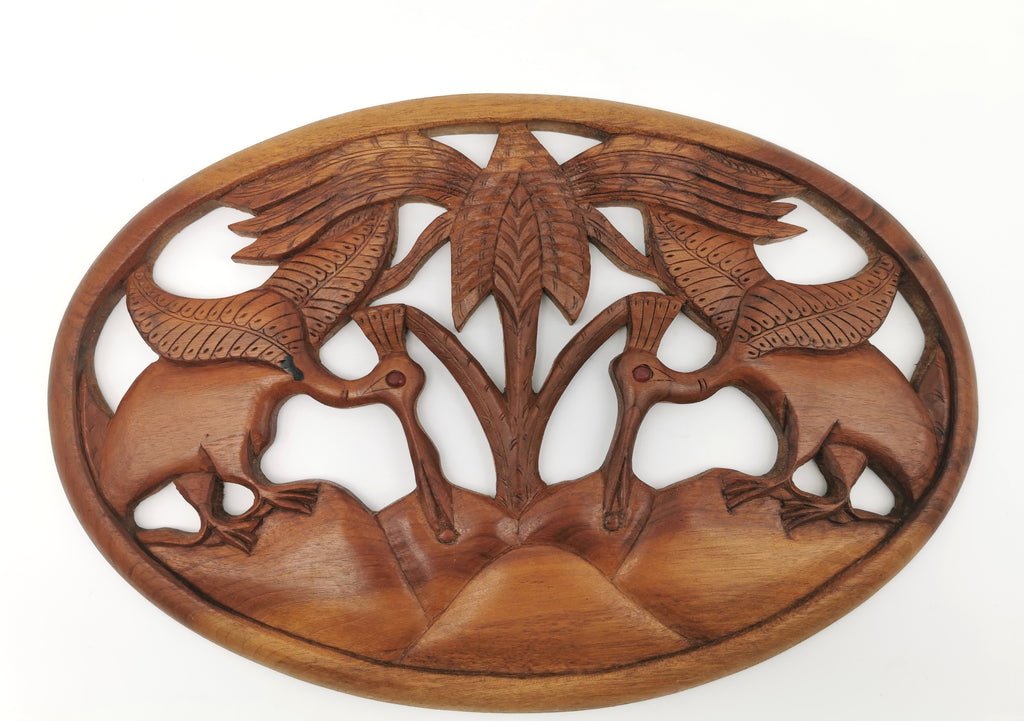 Vintage Balinese Hand-Carved Hardwood Bird Plaque - Openwork Tropical Palm Scene with Glass Eyes