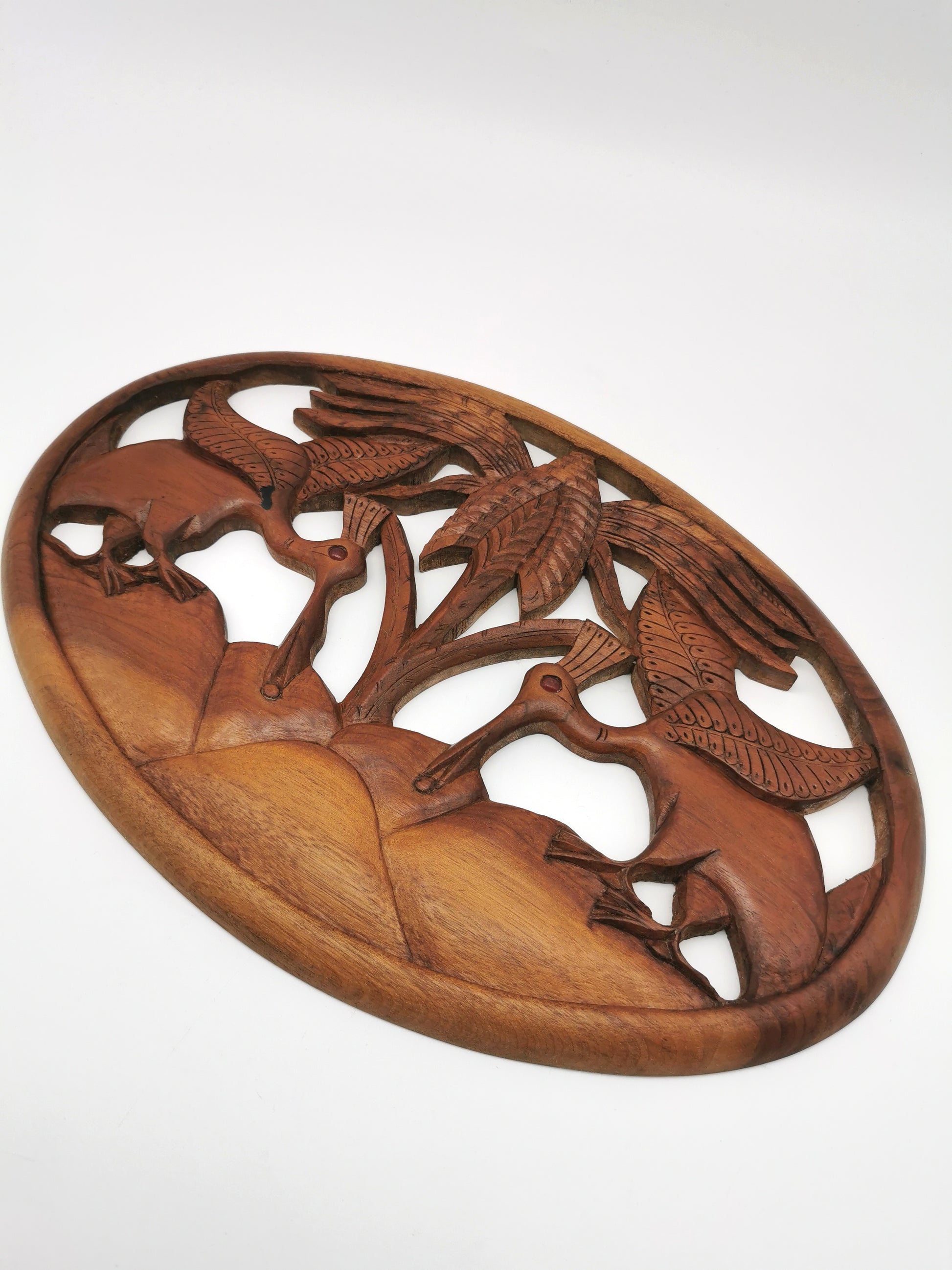 Vintage Balinese Hand-Carved Hardwood Bird Plaque - Openwork Tropical Palm Scene with Glass Eyes