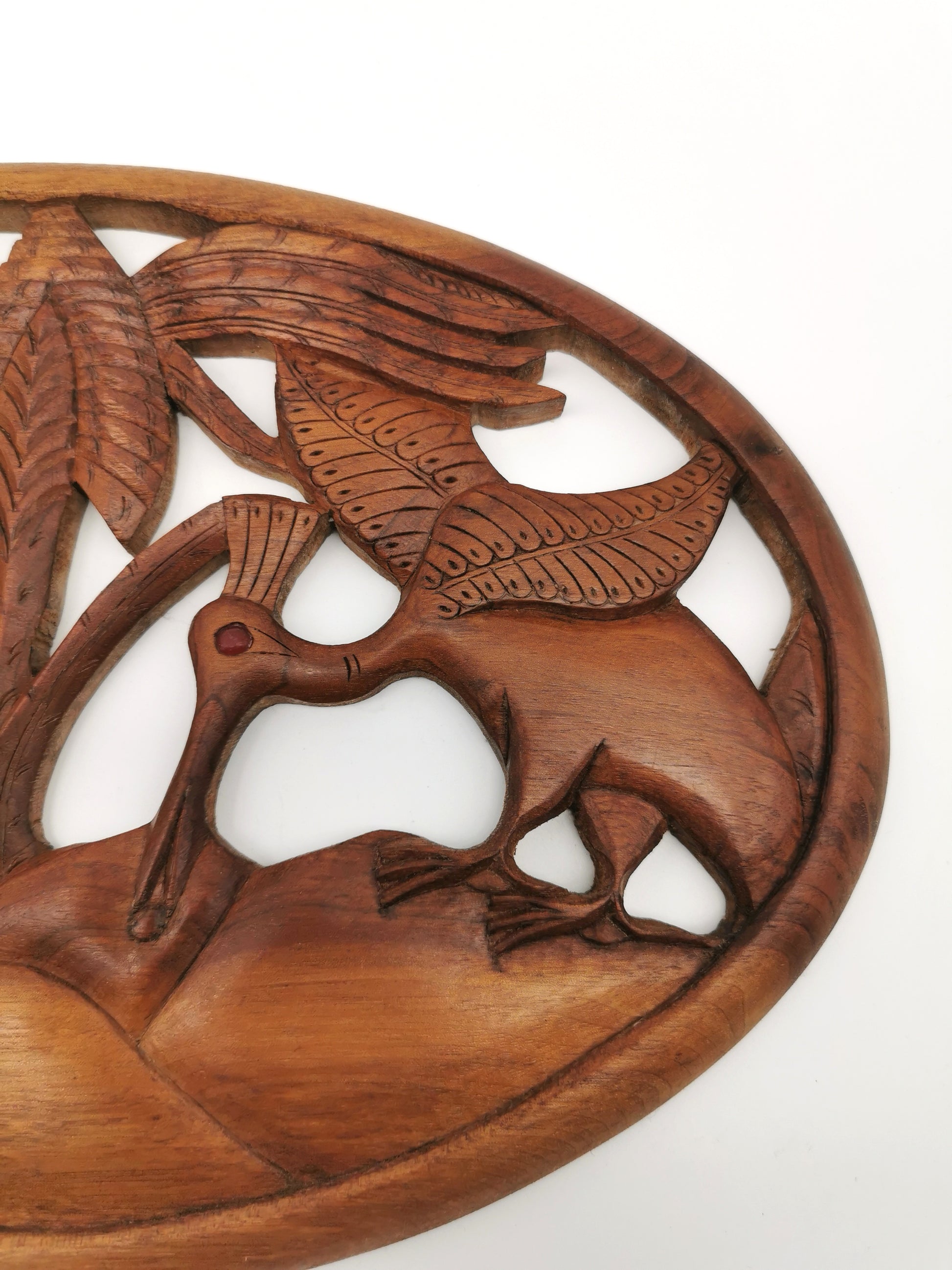 Vintage Balinese Hand-Carved Hardwood Bird Plaque - Openwork Tropical Palm Scene with Glass Eyes
