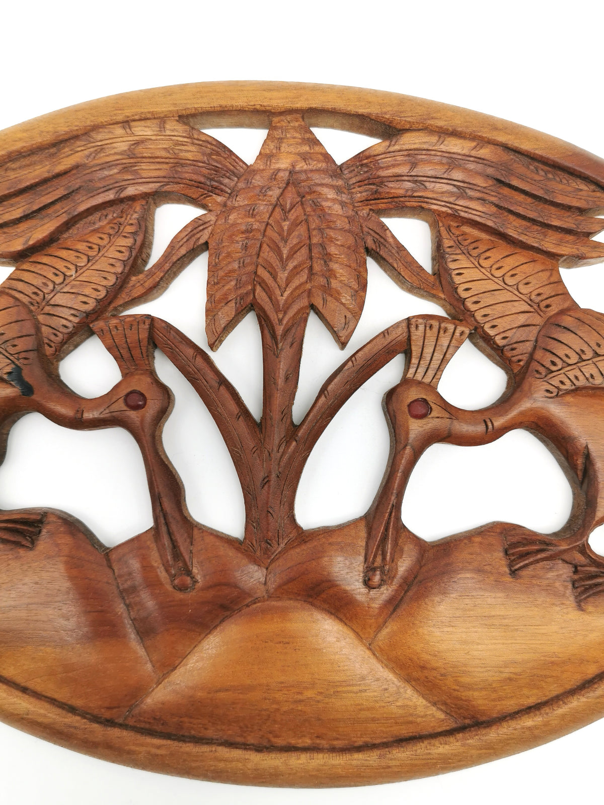 Vintage Balinese Hand-Carved Hardwood Bird Plaque - Openwork Tropical Palm Scene with Glass Eyes