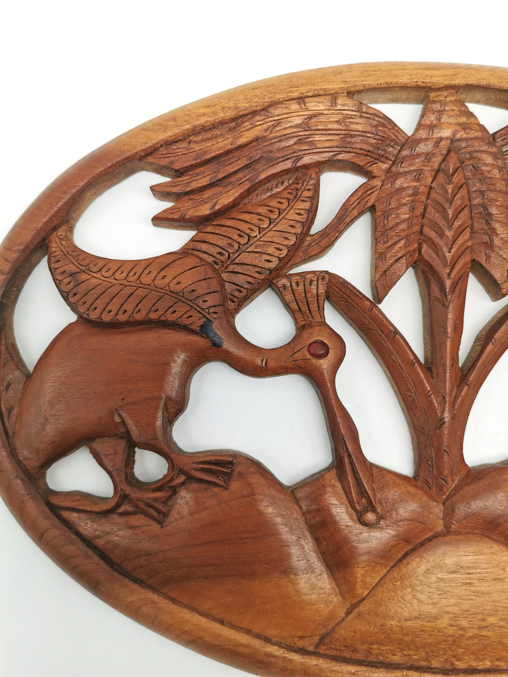 Vintage Balinese Hand-Carved Hardwood Bird Plaque - Openwork Tropical Palm Scene with Glass Eyes