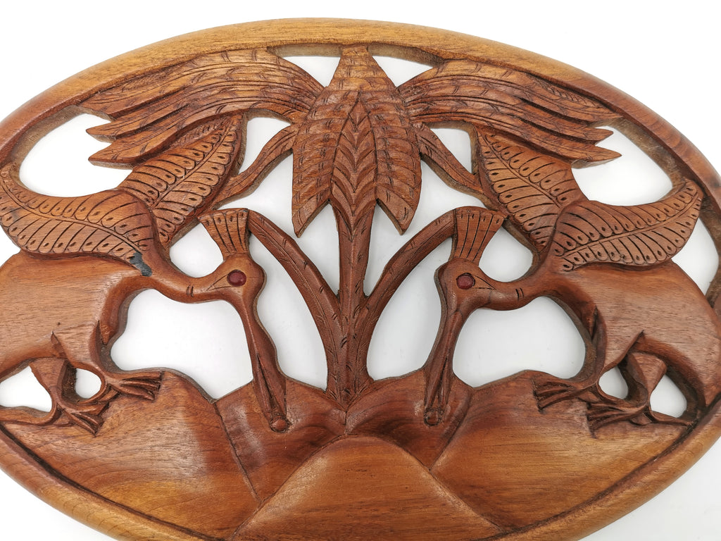 Vintage Balinese Hand-Carved Hardwood Bird Plaque - Openwork Tropical Palm Scene with Glass Eyes