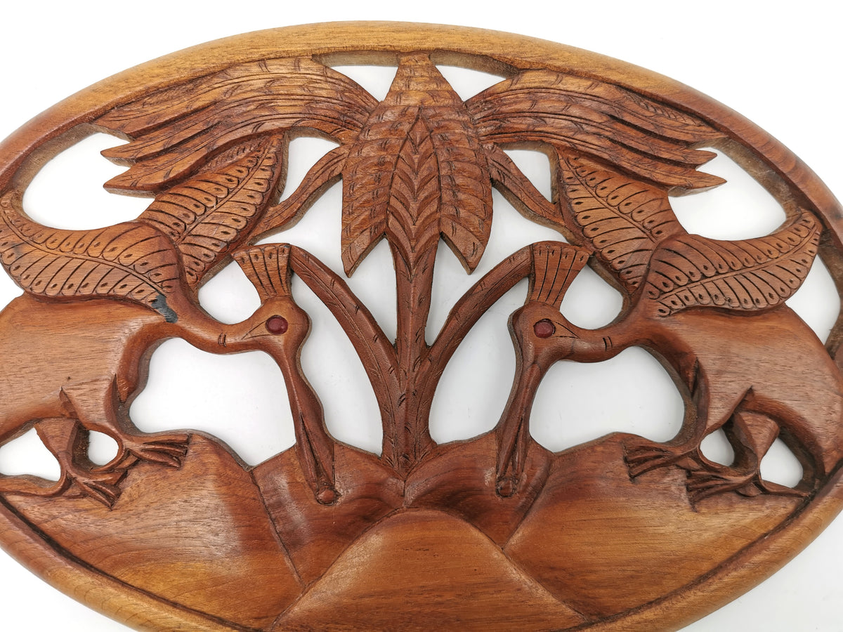 Vintage Balinese Hand-Carved Hardwood Bird Plaque - Openwork Tropical Palm Scene with Glass Eyes