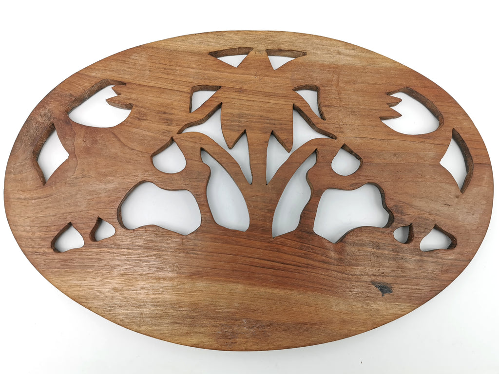 Vintage Balinese Hand-Carved Hardwood Bird Plaque - Openwork Tropical Palm Scene with Glass Eyes