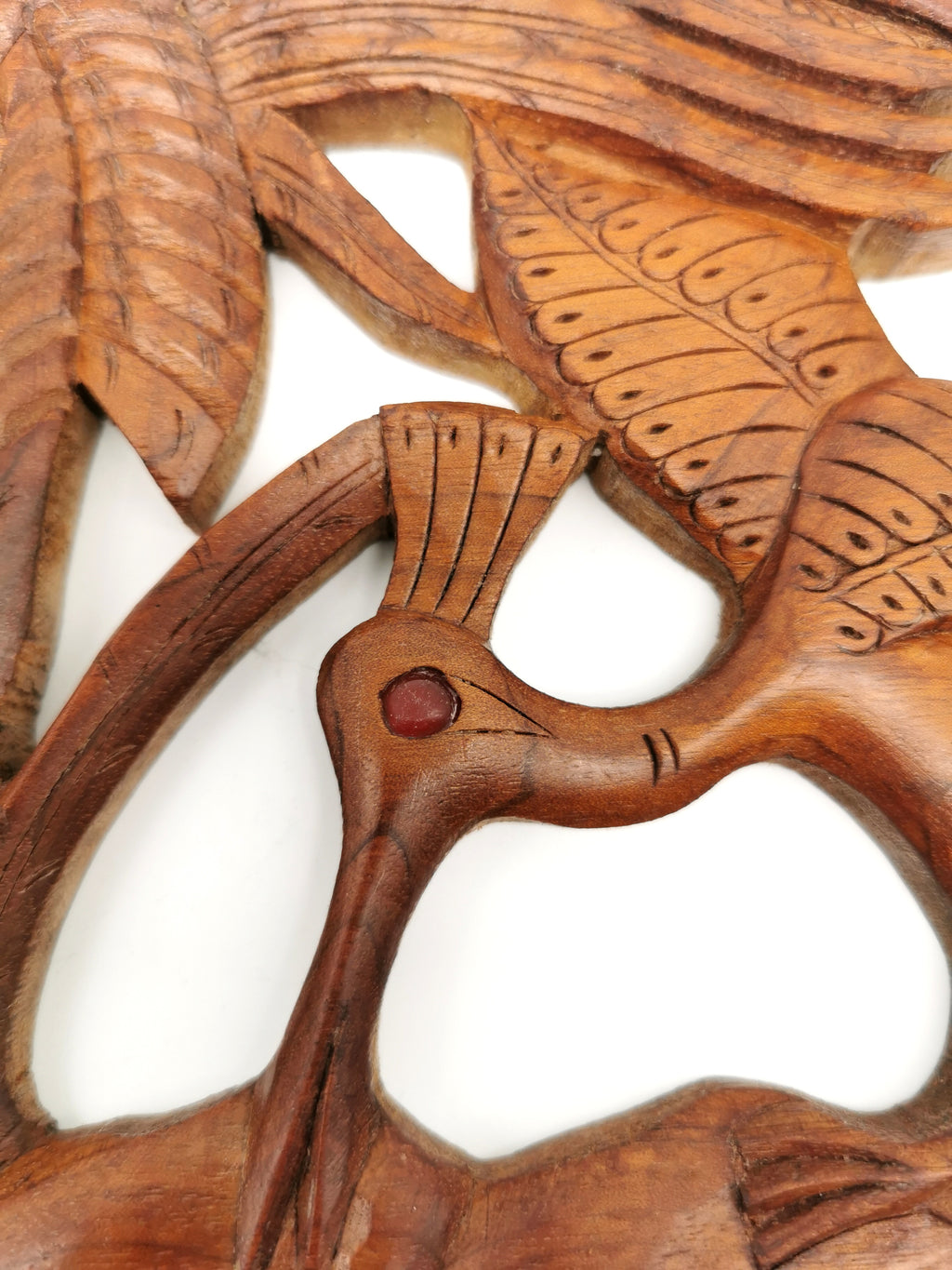 Vintage Balinese Hand-Carved Hardwood Bird Plaque - Openwork Tropical Palm Scene with Glass Eyes