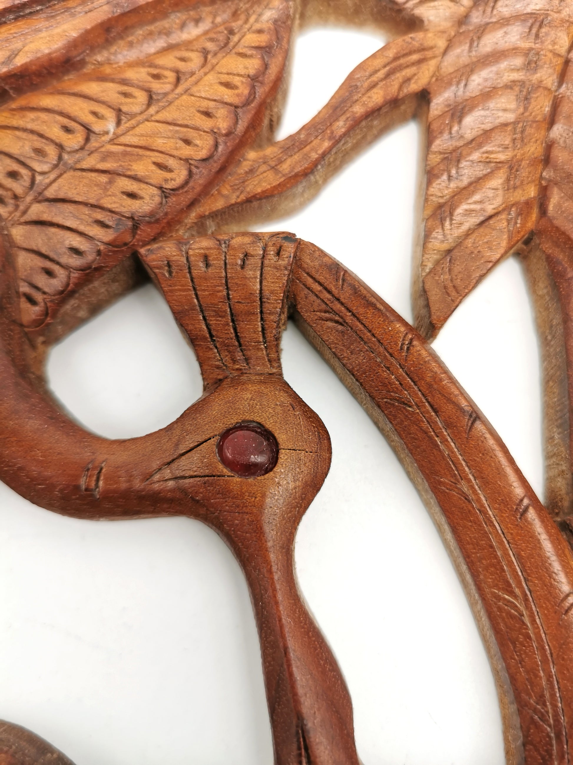 Vintage Balinese Hand-Carved Hardwood Bird Plaque - Openwork Tropical Palm Scene with Glass Eyes