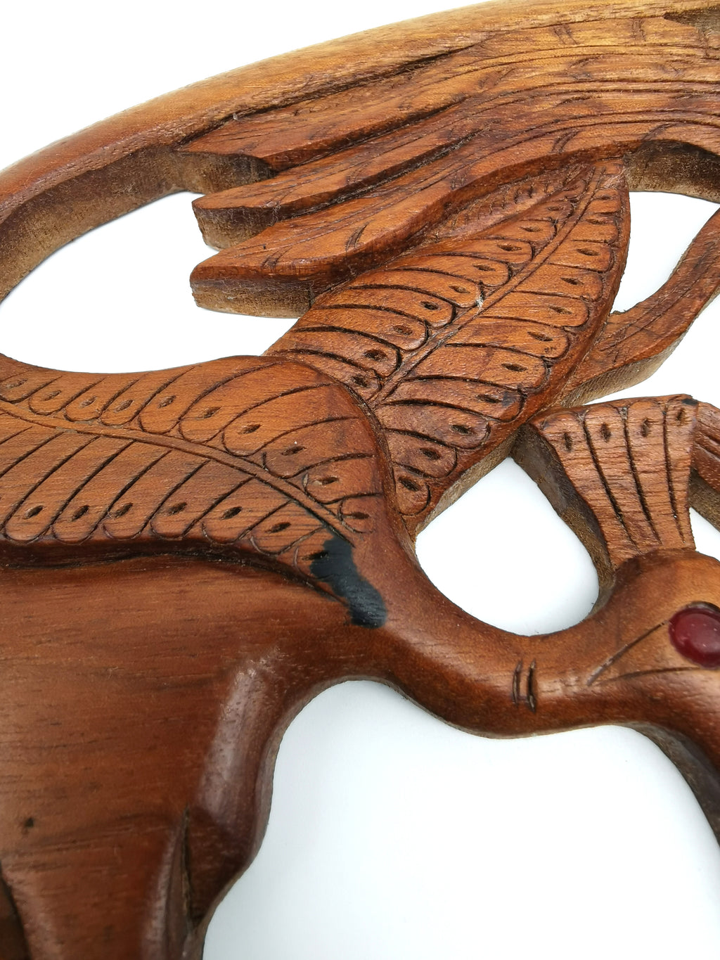 Vintage Balinese Hand-Carved Hardwood Bird Plaque - Openwork Tropical Palm Scene with Glass Eyes