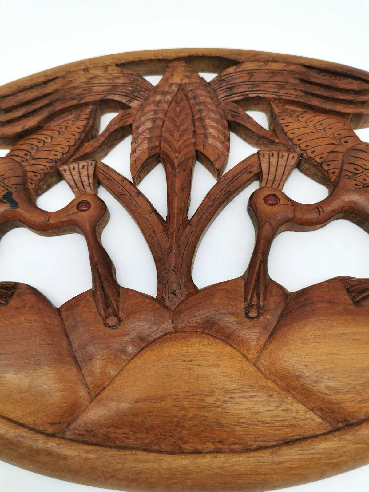 Vintage Balinese Hand-Carved Hardwood Bird Plaque - Openwork Tropical Palm Scene with Glass Eyes