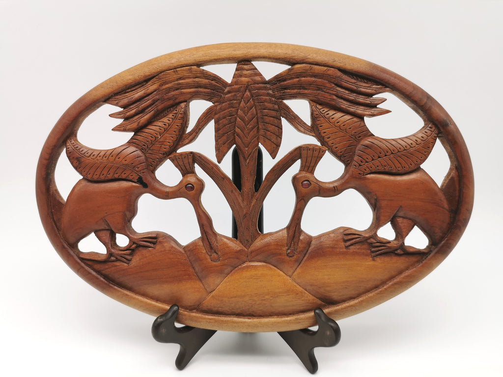 Vintage Balinese Hand-Carved Hardwood Bird Plaque - Openwork Tropical Palm Scene with Glass Eyes