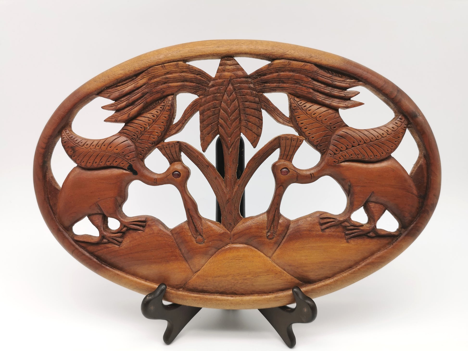 Vintage Balinese Hand-Carved Hardwood Bird Plaque - Openwork Tropical Palm Scene with Glass Eyes