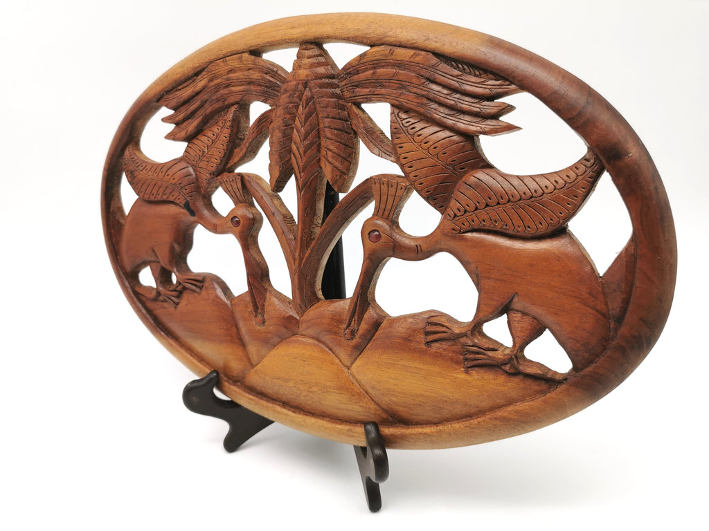 Vintage Balinese Hand-Carved Hardwood Bird Plaque - Openwork Tropical Palm Scene with Glass Eyes