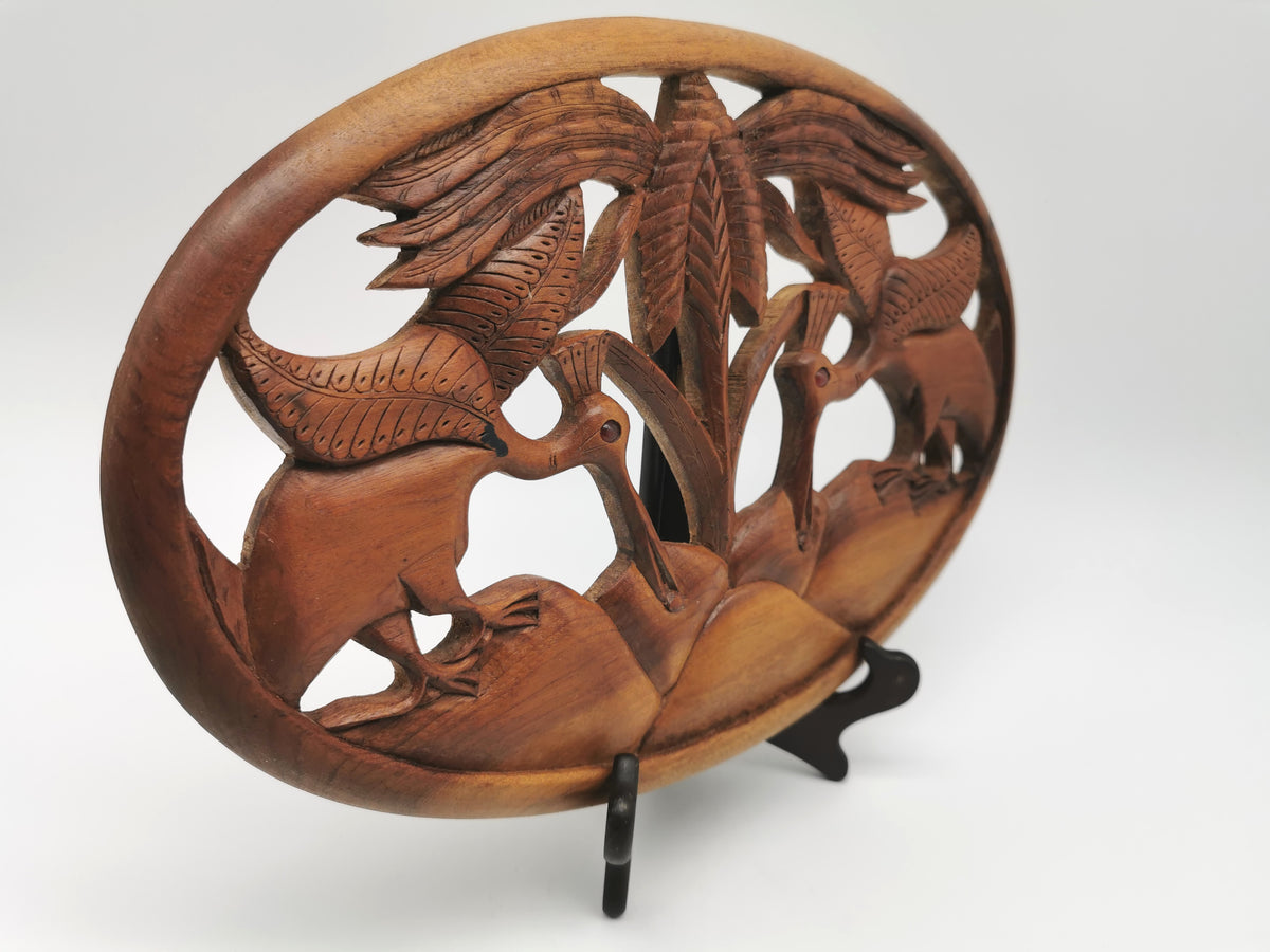 Vintage Balinese Hand-Carved Hardwood Bird Plaque - Openwork Tropical Palm Scene with Glass Eyes