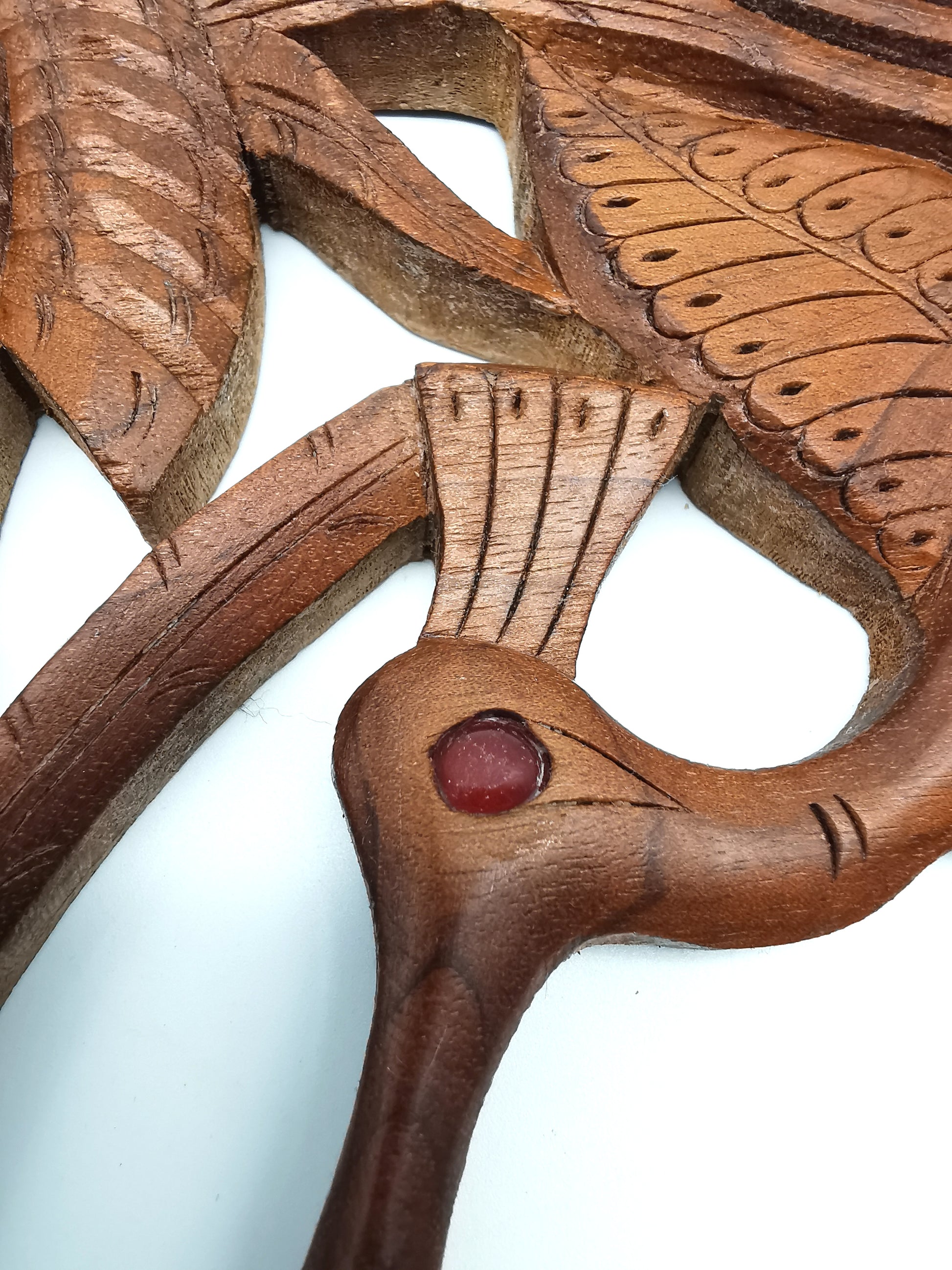 Vintage Balinese Hand-Carved Hardwood Bird Plaque - Openwork Tropical Palm Scene with Glass Eyes
