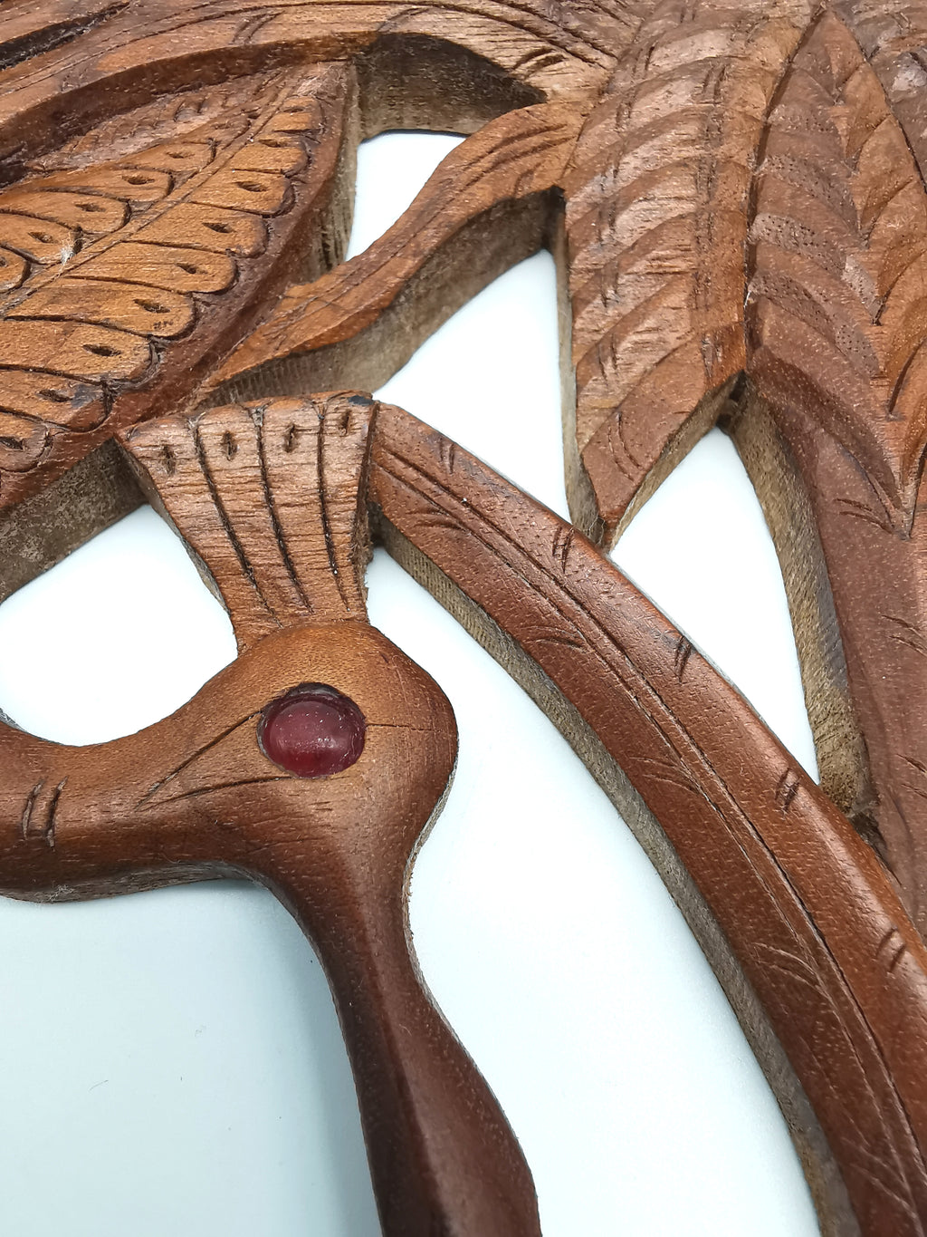 Vintage Balinese Hand-Carved Hardwood Bird Plaque - Openwork Tropical Palm Scene with Glass Eyes