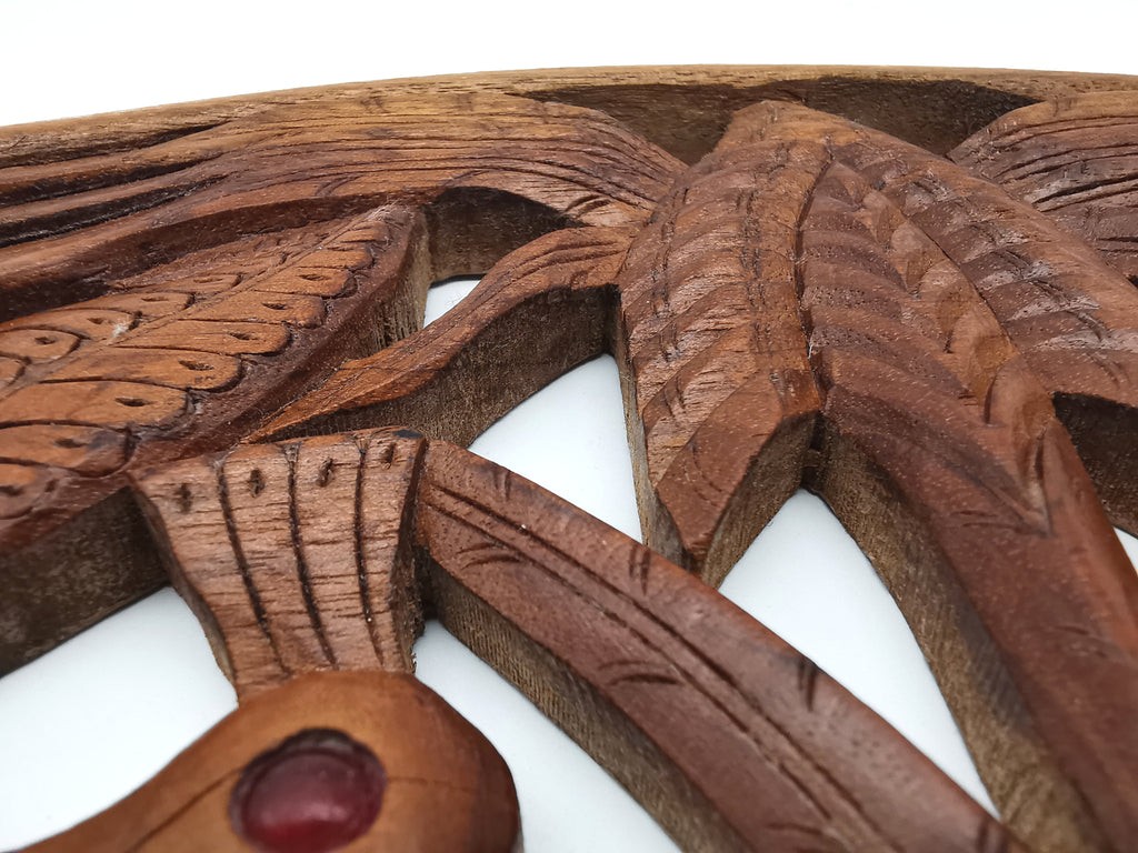 Vintage Balinese Hand-Carved Hardwood Bird Plaque - Openwork Tropical Palm Scene with Glass Eyes
