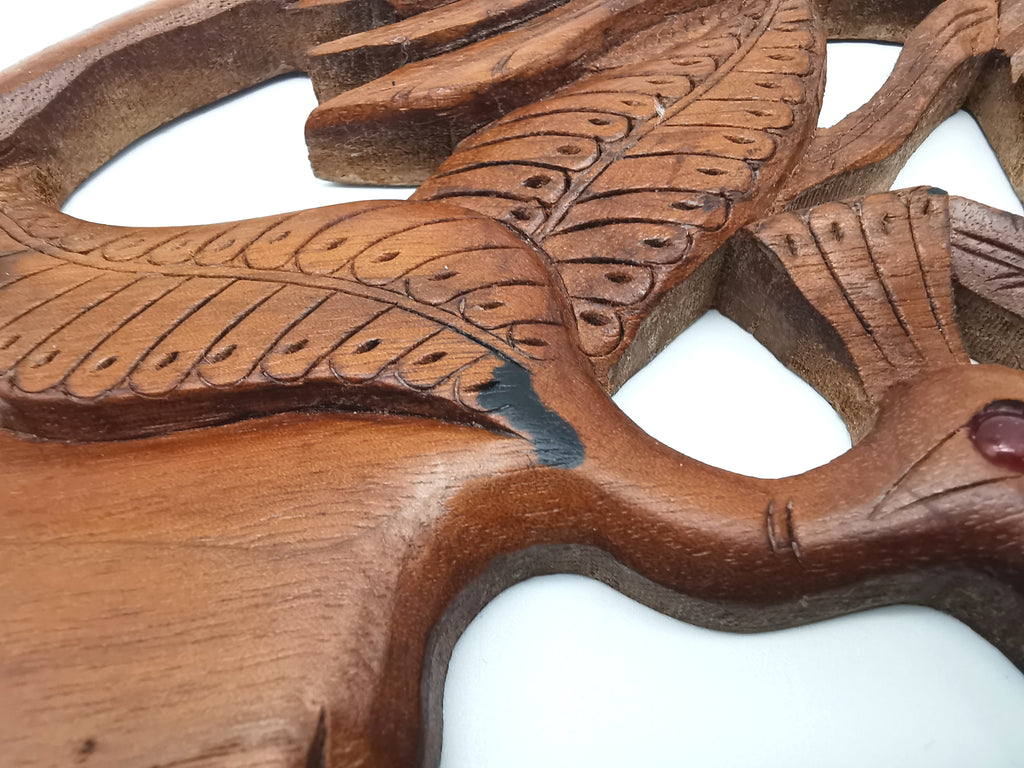 Vintage Balinese Hand-Carved Hardwood Bird Plaque - Openwork Tropical Palm Scene with Glass Eyes