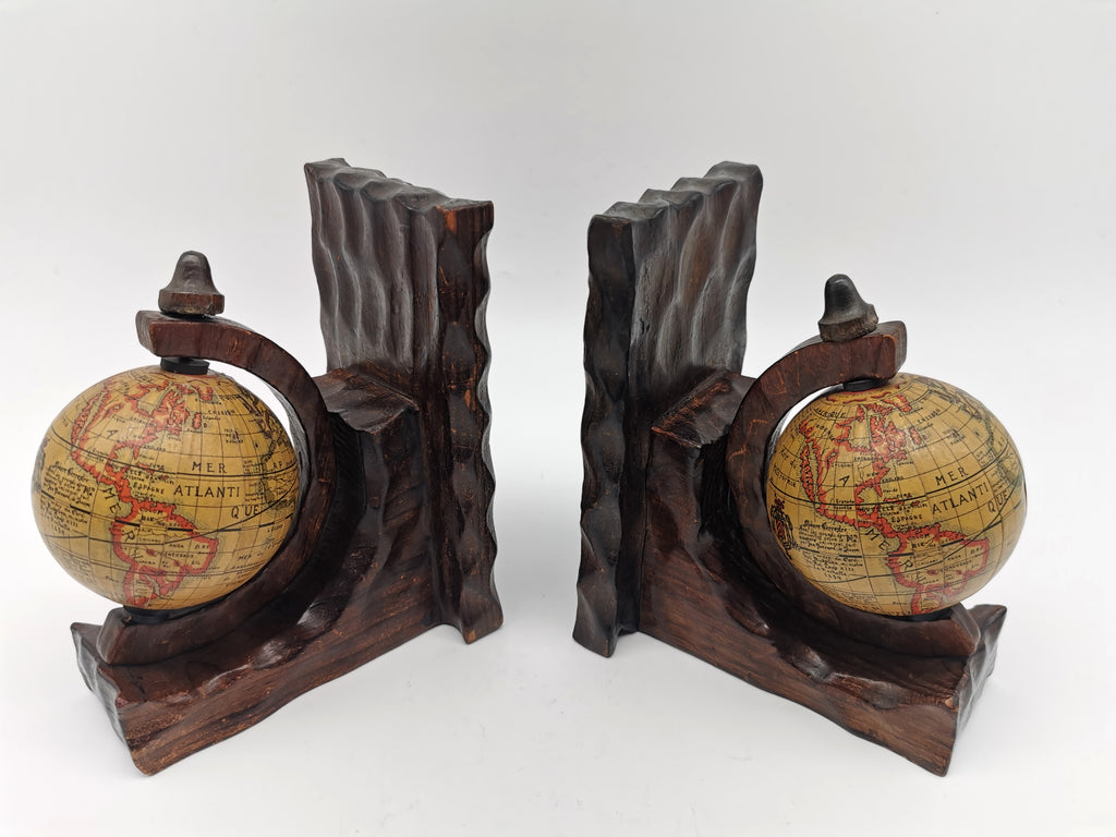 Pair of Vintage Old World Wooden Globe Bookends – Mid Century Hand-Carved