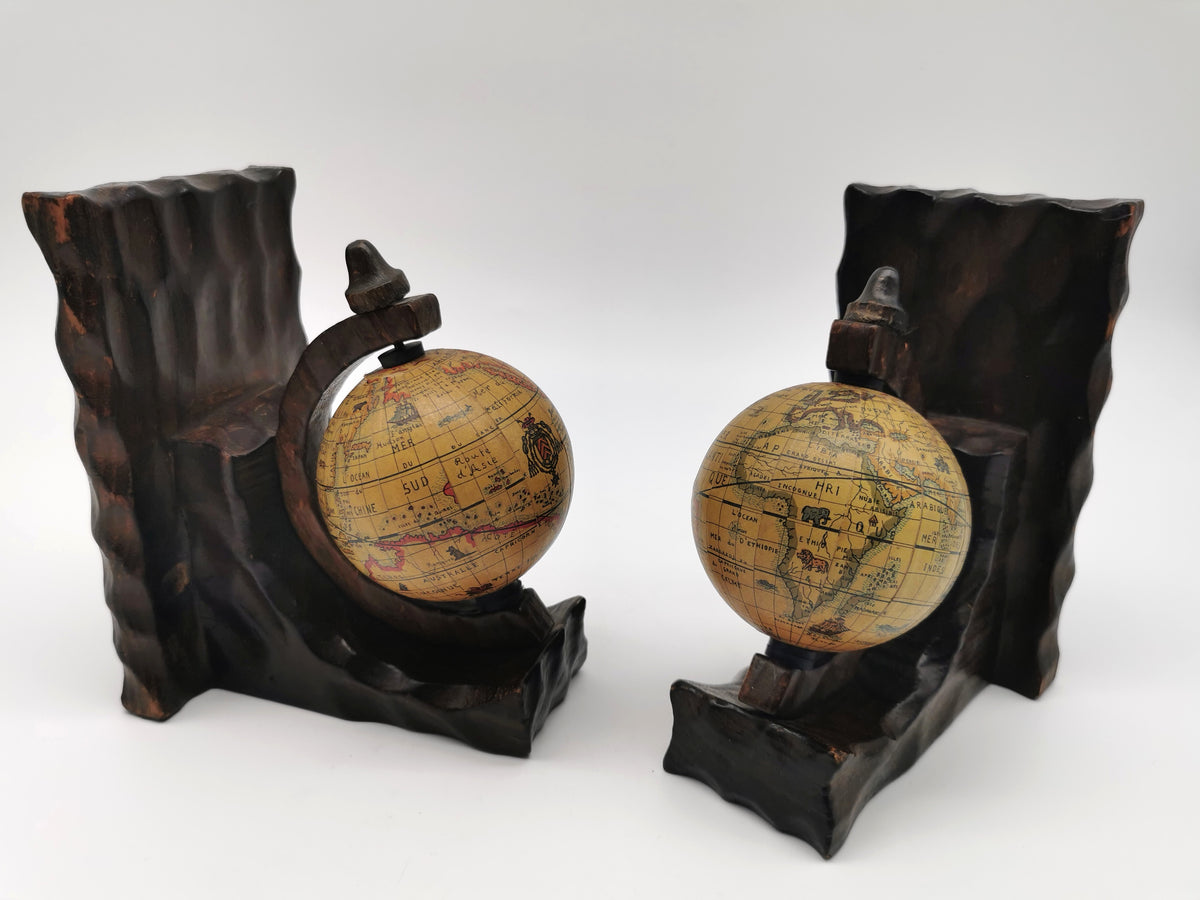 Pair of Vintage Old World Wooden Globe Bookends – Mid Century Hand-Carved