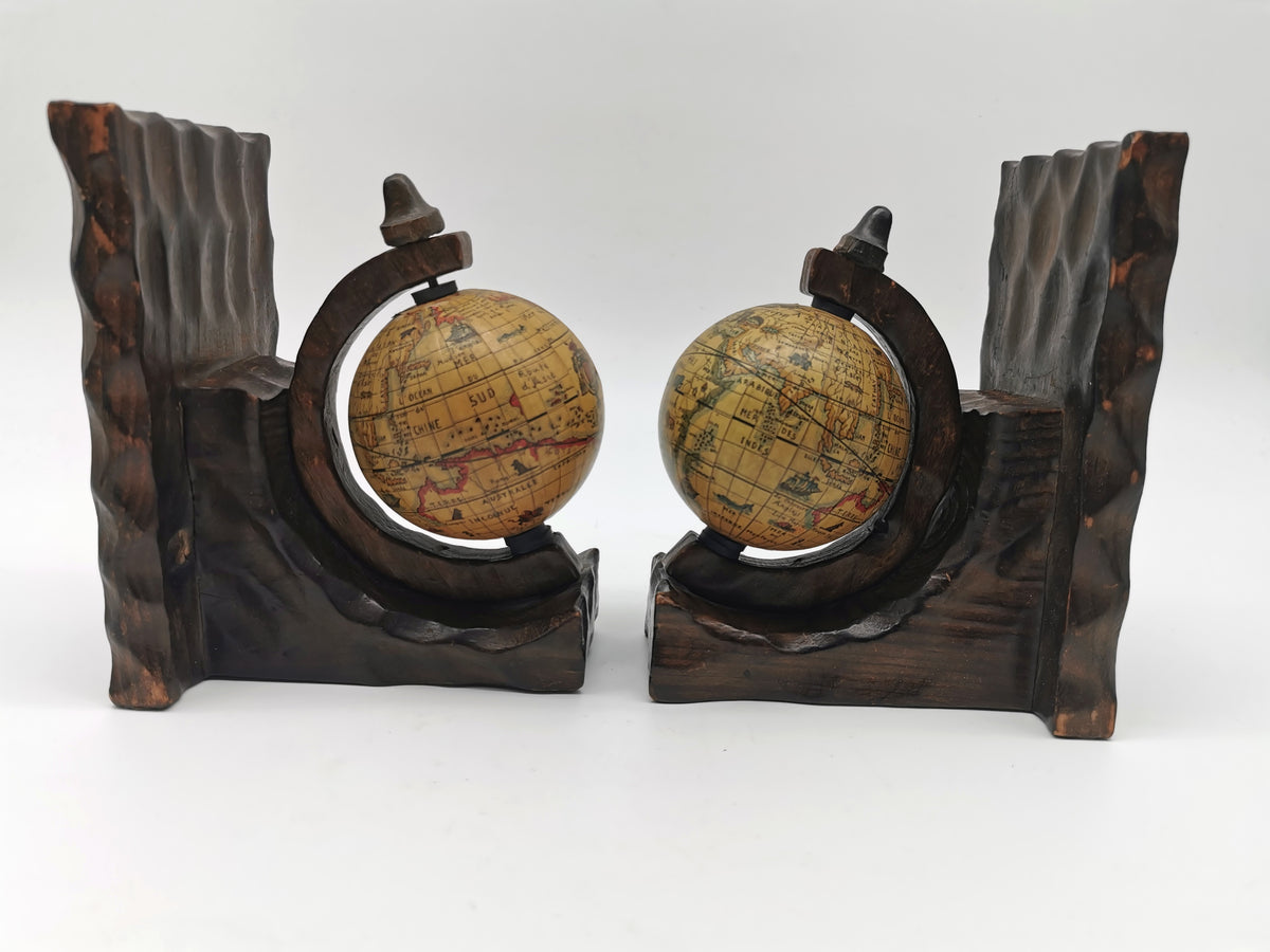 Pair of Vintage Old World Wooden Globe Bookends – Mid Century Hand-Carved