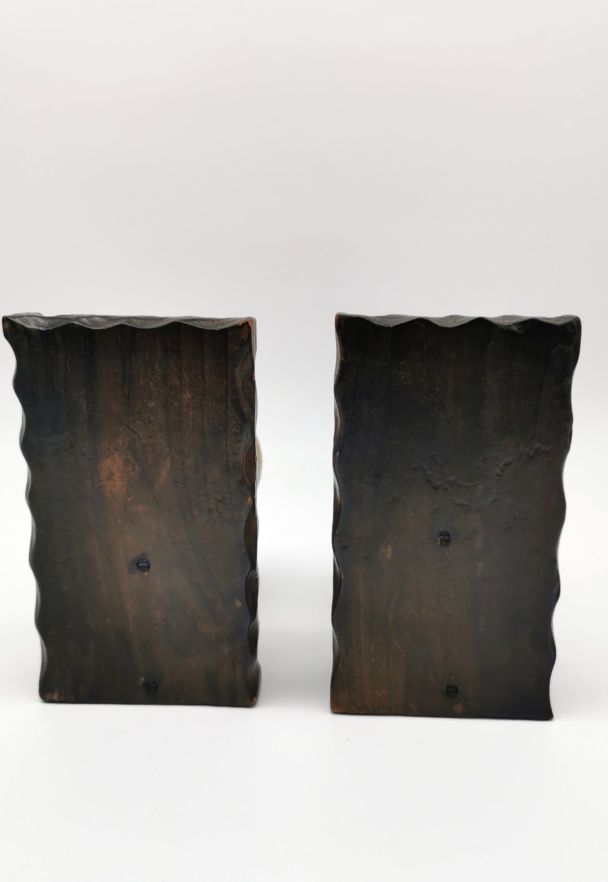 Pair of Vintage Old World Wooden Globe Bookends – Mid Century Hand-Carved