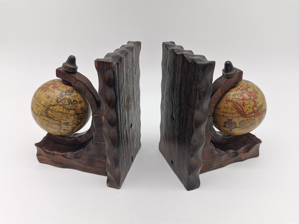 Pair of Vintage Old World Wooden Globe Bookends – Mid Century Hand-Carved