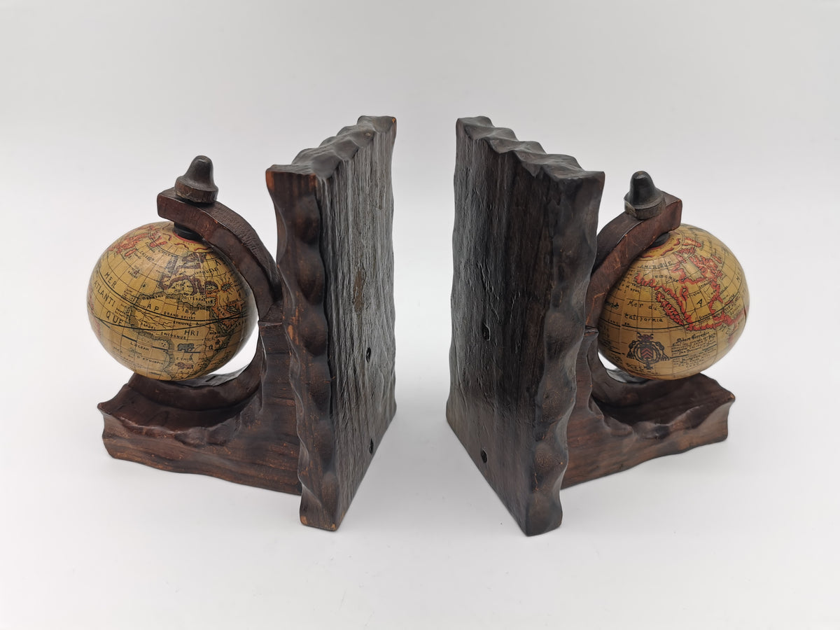 Pair of Vintage Old World Wooden Globe Bookends – Mid Century Hand-Carved