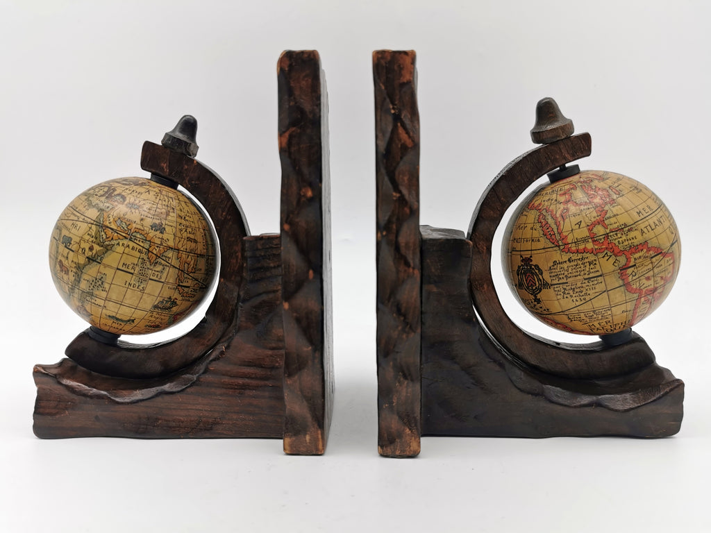 Pair of Vintage Old World Wooden Globe Bookends – Mid Century Hand-Carved