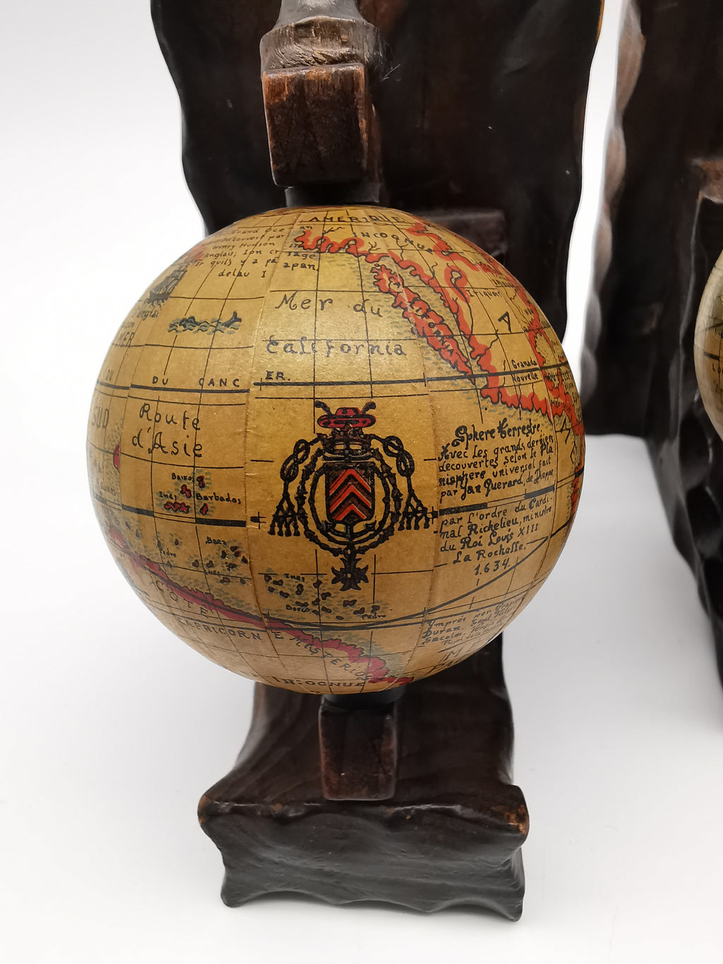 Pair of Vintage Old World Wooden Globe Bookends – Mid Century Hand-Carved