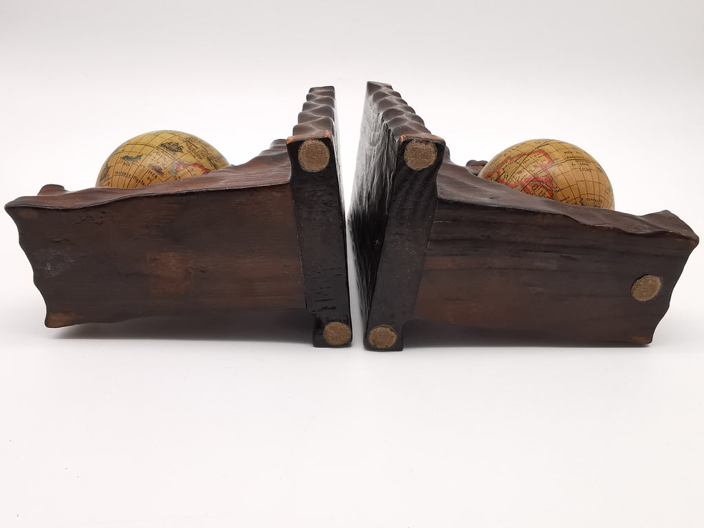 Pair of Vintage Old World Wooden Globe Bookends – Mid Century Hand-Carved