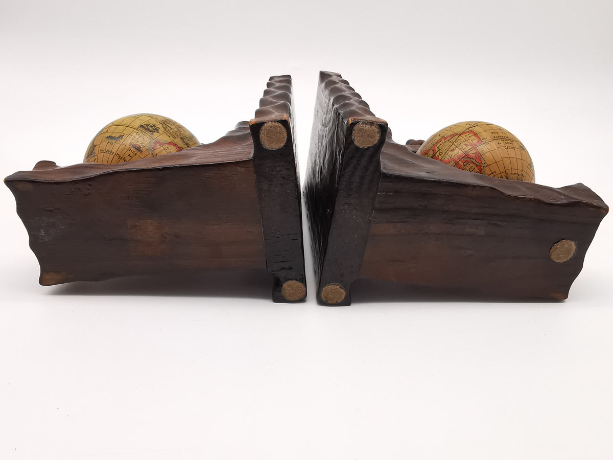 Pair of Vintage Old World Wooden Globe Bookends – Mid Century Hand-Carved
