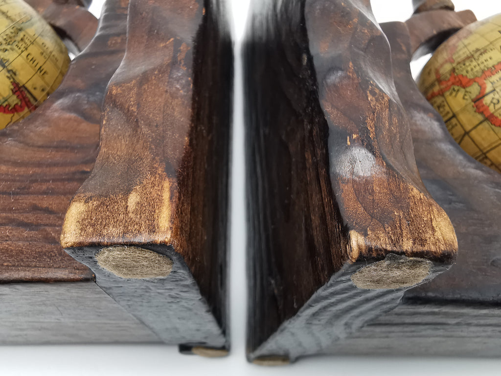 Pair of Vintage Old World Wooden Globe Bookends – Mid Century Hand-Carved
