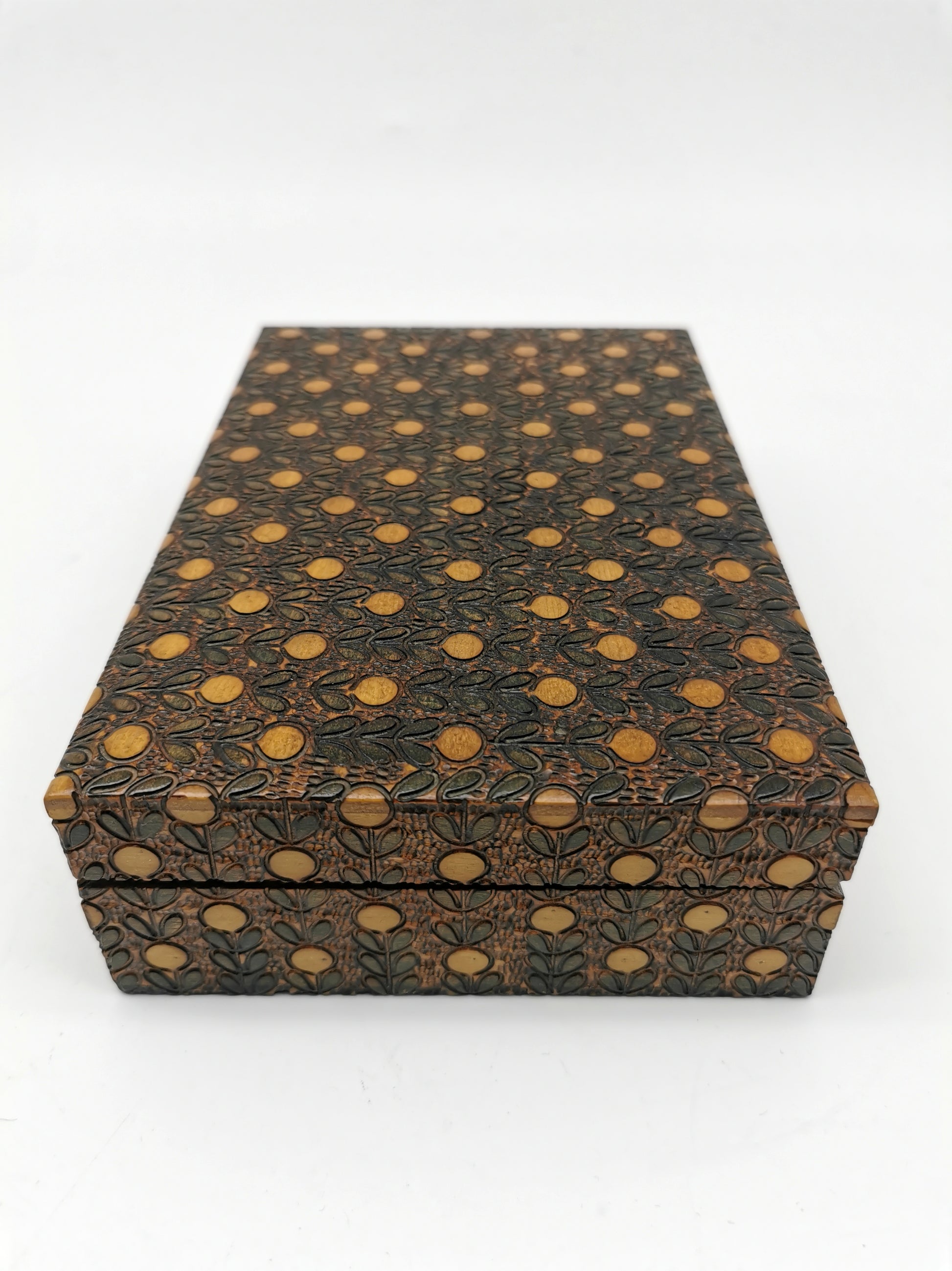 Vintage Mid-Century Pyrography Wooden Trinket Box - Stylised Floral Pattern