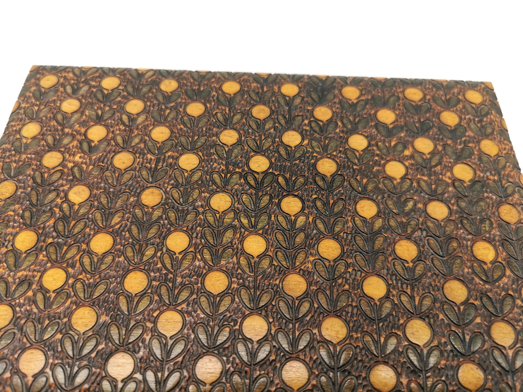 Vintage Mid-Century Pyrography Wooden Trinket Box - Stylised Floral Pattern