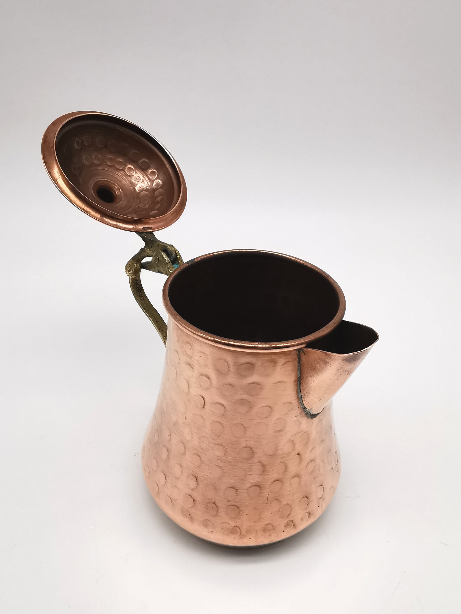 Vintage Hand Hammered Copper Creamer Pitcher/ Small Lidded Jug with Brass Handle