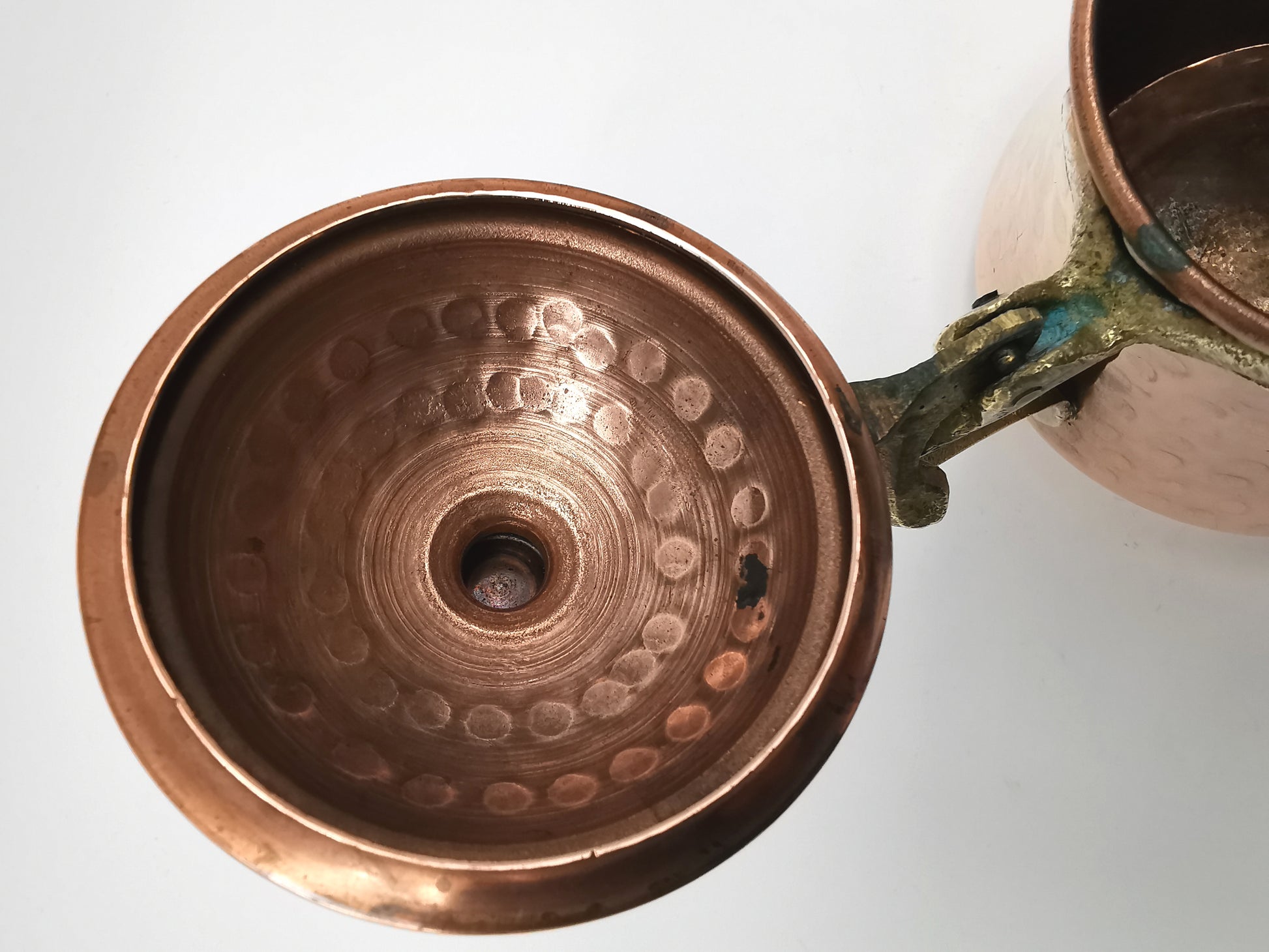 Vintage Hand Hammered Copper Creamer Pitcher/ Small Lidded Jug with Brass Handle